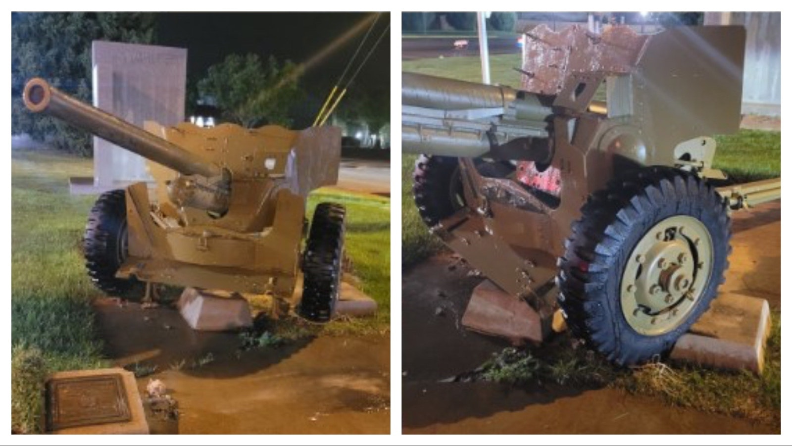 Someone hit the cannon statue at the Rock Springs World War II memorial, knocking a plaque off of it.