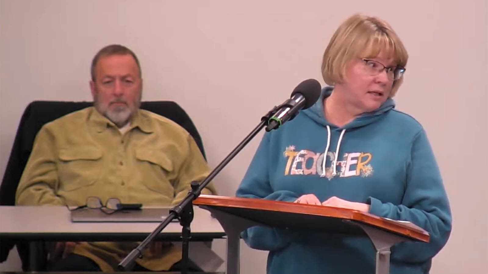 Sweetwater County Education Association President Cheryl Notman tells the Sweetwater County School District 1 Board of Education on Monday about problems with student behavior in classrooms.