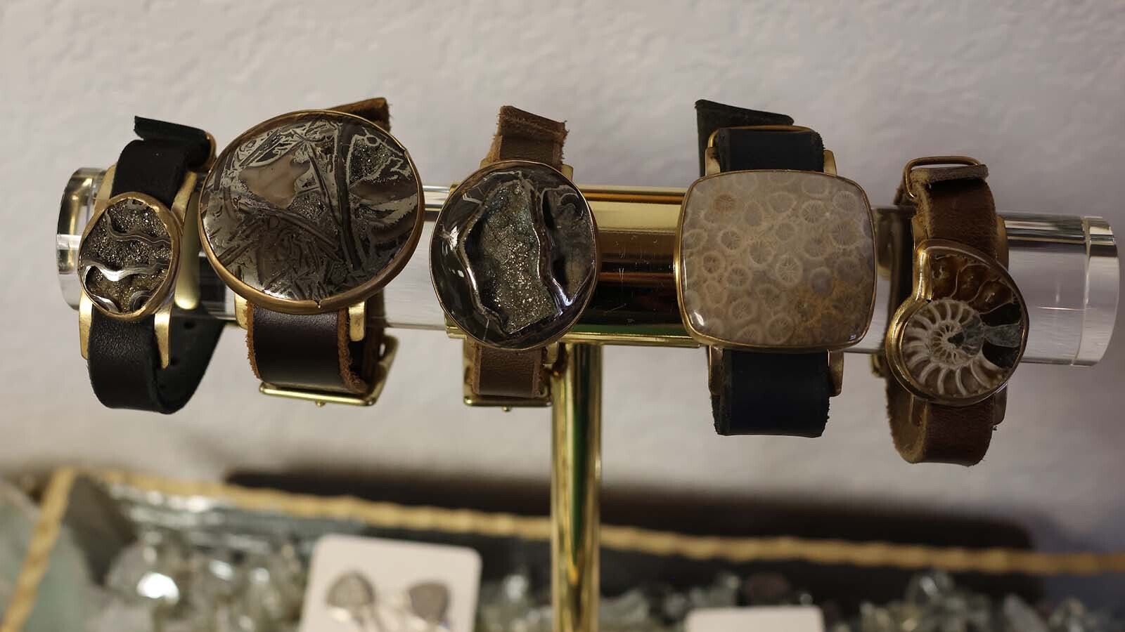 Watchband bracelets at T. Hawk Studio offer fossils in the rocks.