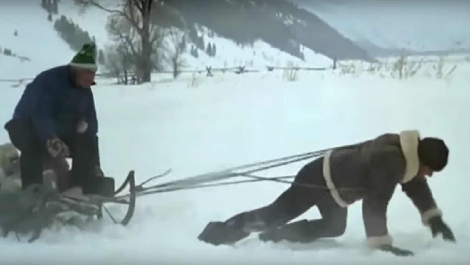 Rocky pulls a sled as part of his training to fight Ivan Drago in "Rocky IV."