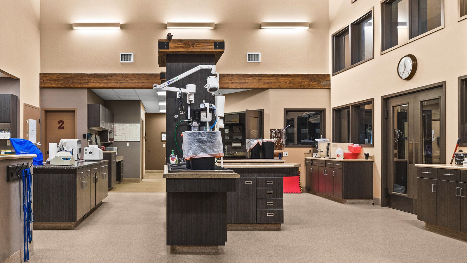 The interior of Rocky Mountain Animal Hospital was designed to be open, allowing staff to see animals in the ICU.