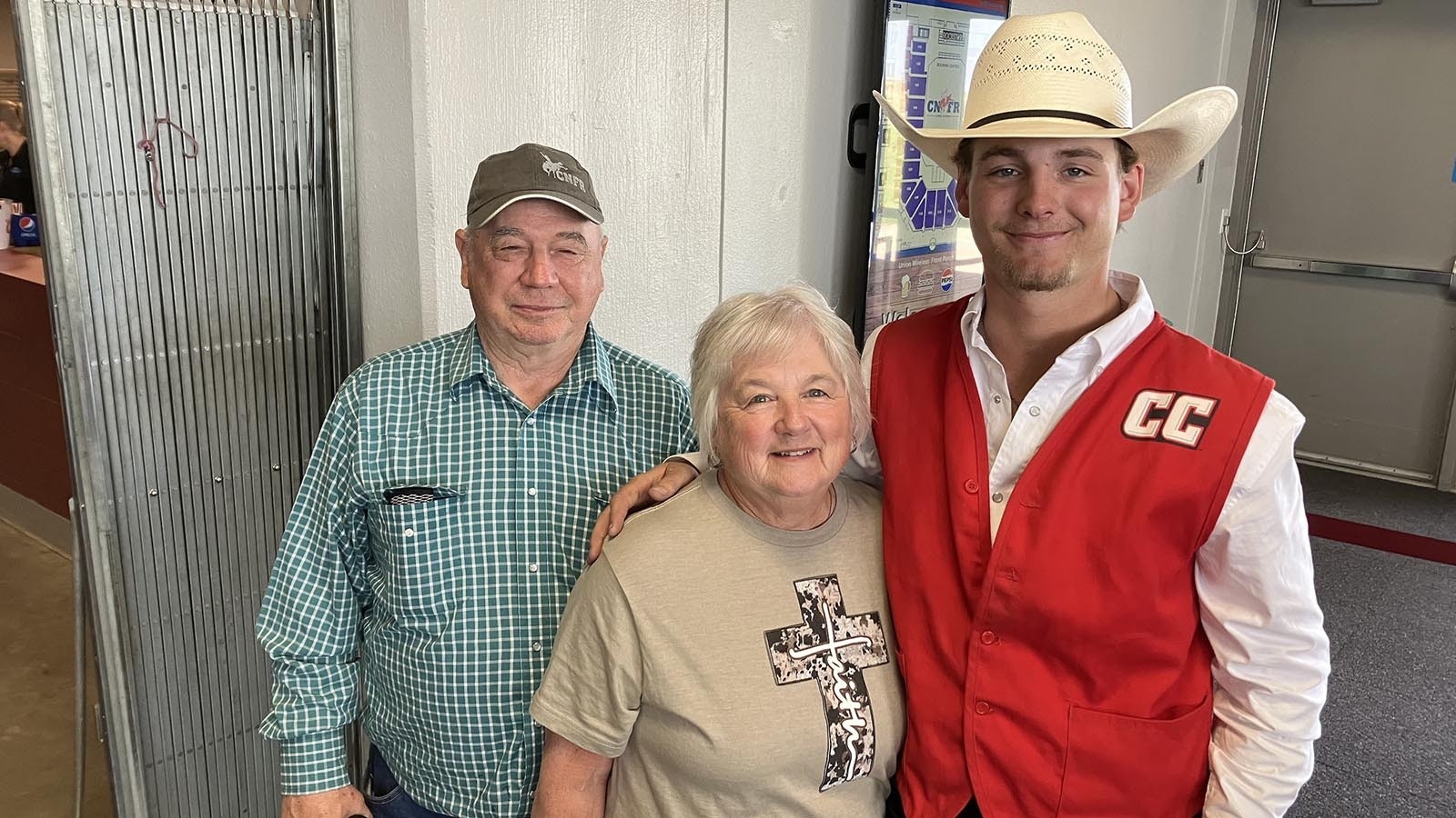 The Elshere family has a history of rodeo competitors. Grandfather Jim Elshere rode bareback broncs and bulls in high school. From left are Jim Elshere, wife Lana, and Talon.