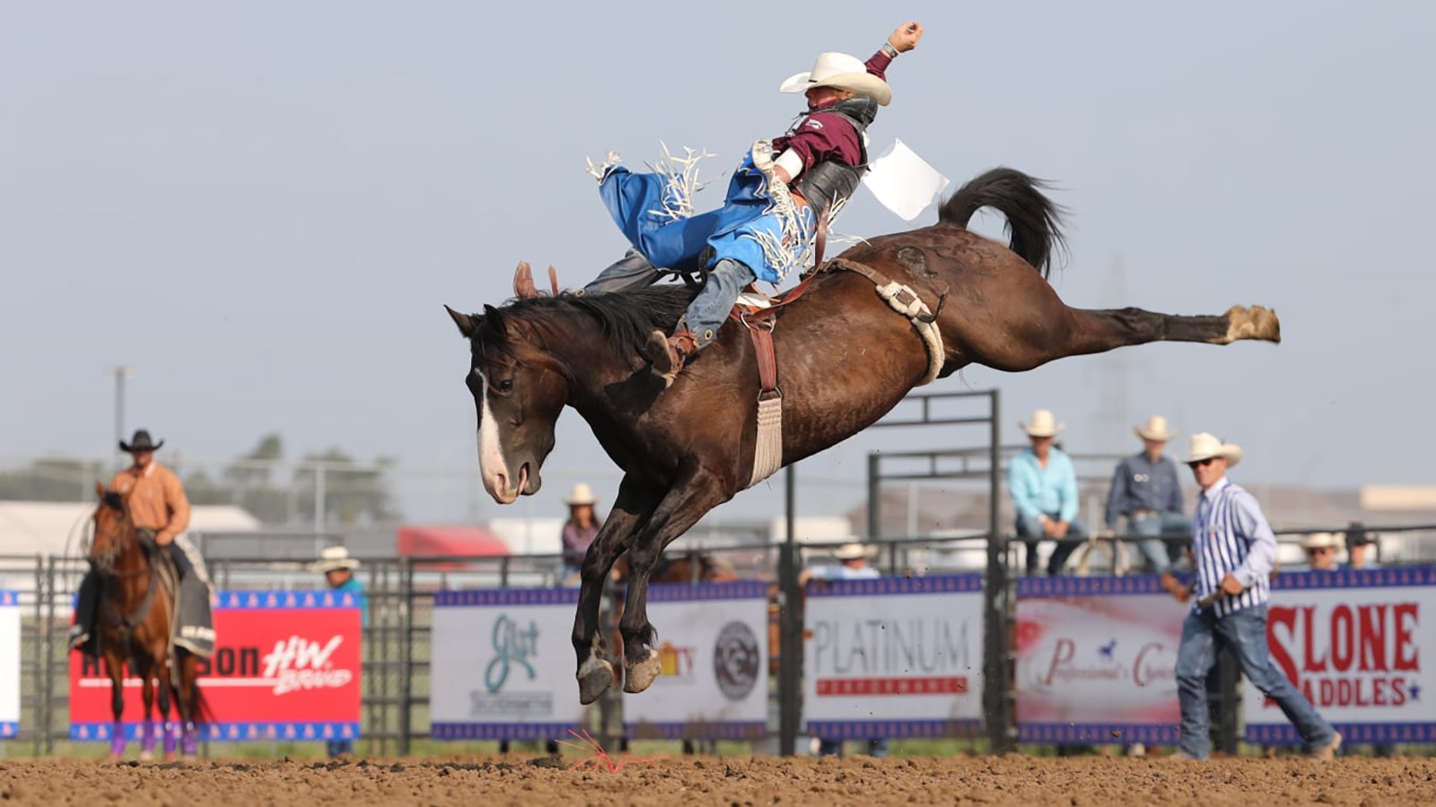 Bareback riding in 2021 at the National High School Finals Rodeo in Lincoln, Nebraska.