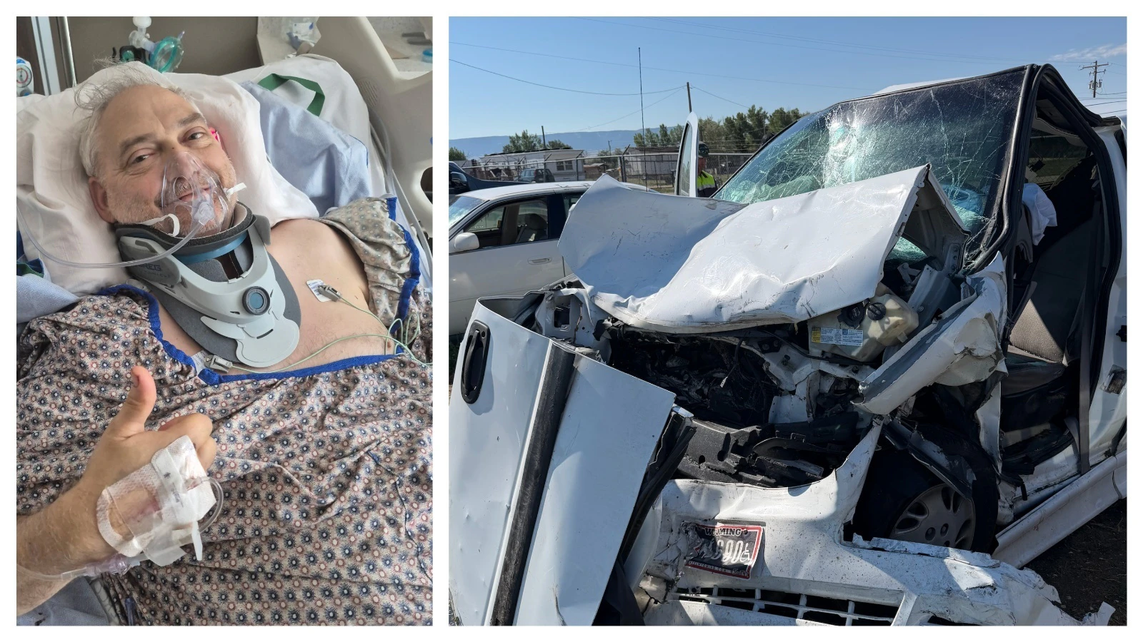Roger Davis gives a thumbs-up from his hospital bed while recovering from serious injuries suffered in an Aug. 25 crash that left his body "crushed."