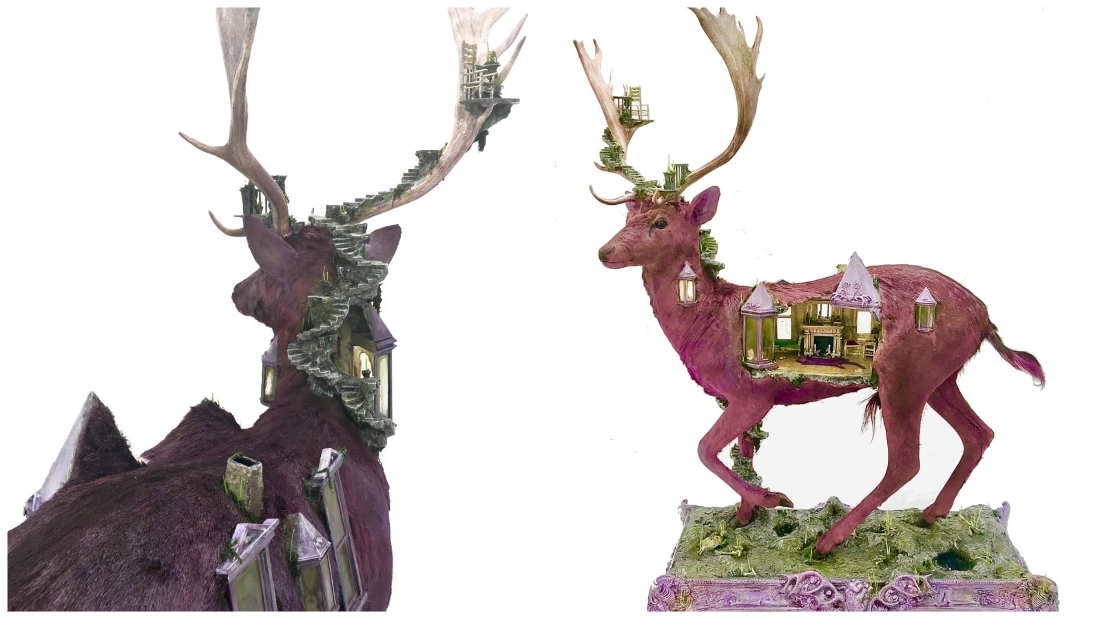 Two views of a rogue taxidermy work titled Violet Knight.