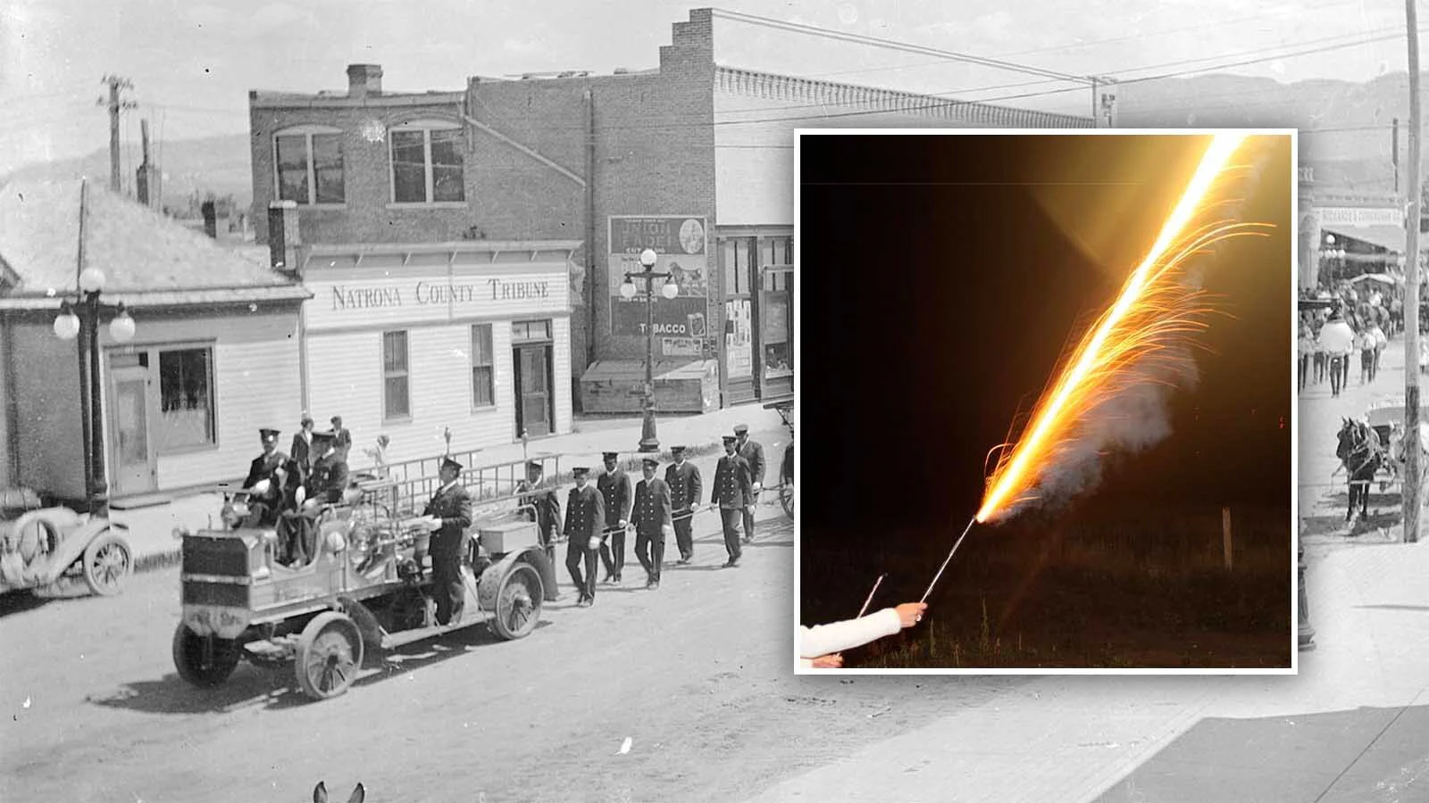 The nation’s 250th birthday likely won’t be as wild as the three-hour firefight with 3,000 Roman candles that broke out on the dusty streets of Casper in 1899. A similar blowout today would lead to arrests, fines and possibly hospital stays. Above, the Casper Fire Department parades in front of the Natrona County Tribune building in early 1900s.