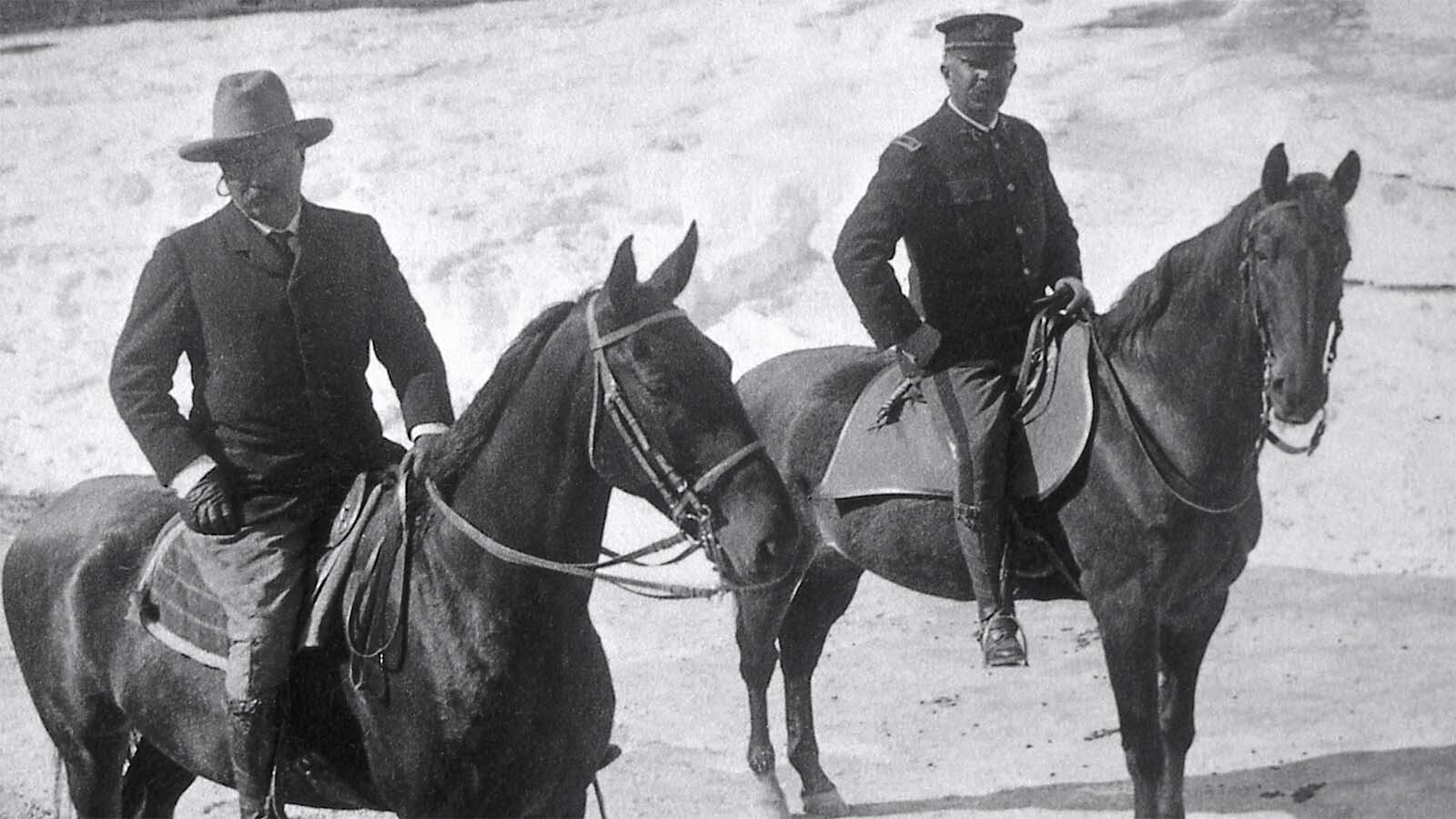 Teddy Roosevelt rides through the hot springs area at Yellowstone National Park.