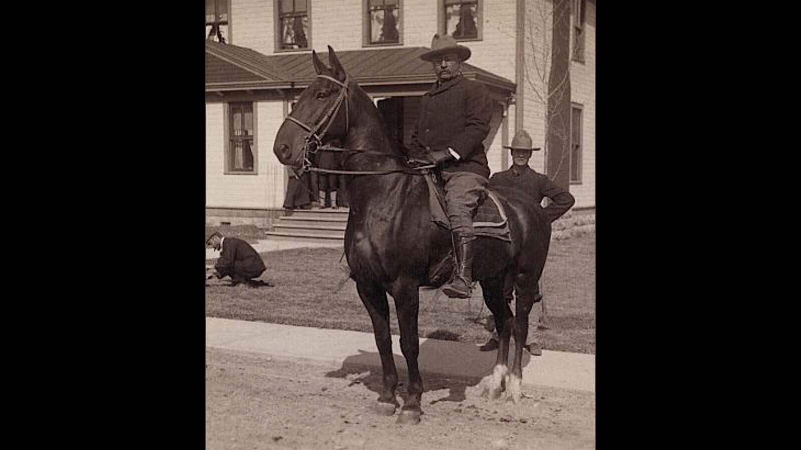 President Teddy Roosevelt on a horse at Fort Yellowstone in 1903.