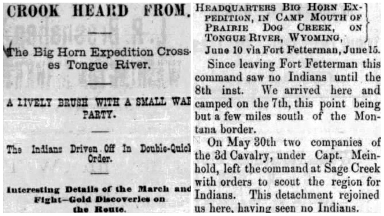 Cheyenne’s Democratic Leader carried an account of the Crook expedition on June 16, 1876, that recounted a brush with a small band of Native Americans.