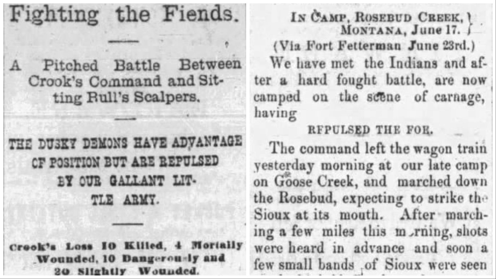 Cheyenne’s Democratic Leader reports on June 24, 1876, the results of the Battle of the Rosebud from a correspondent with Crook.