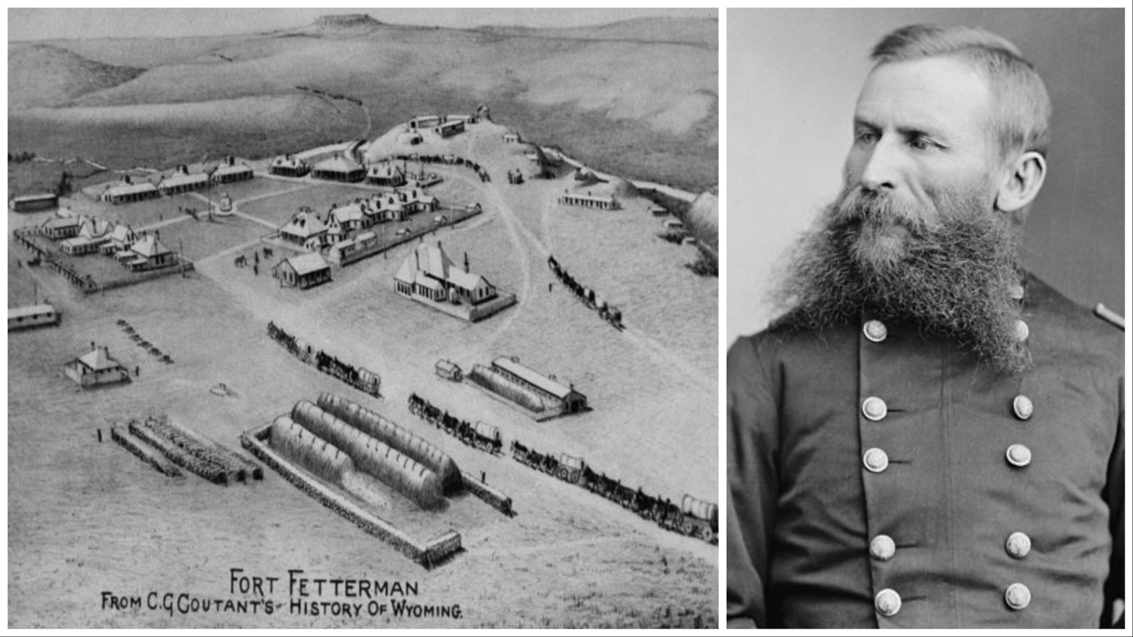 Left: A drawing depicting activity at Fort Fetterman. The fort, built in 1867, served as the launching point for a large U.S. Army contingent sent to bring Native Americans onto their reservations in 1876. Right: General George Crook was an experienced soldier who served in the Civil War and then in the southwest fighting Apache warriors, before coming north to the Department of the Platte.