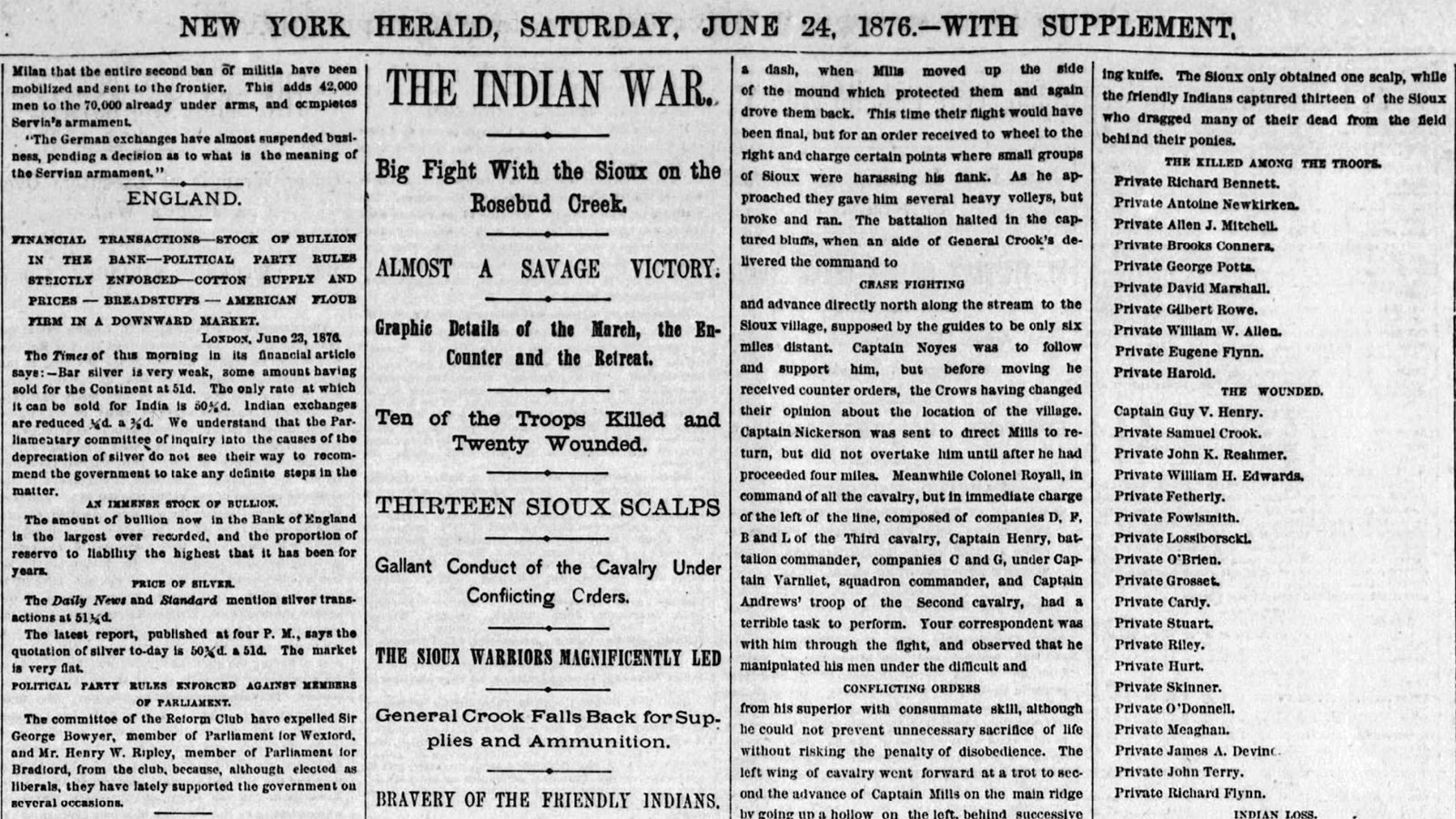 The New York Herald carried an account of the Battle of the Rosebud on Saturday, June 24, 1876.