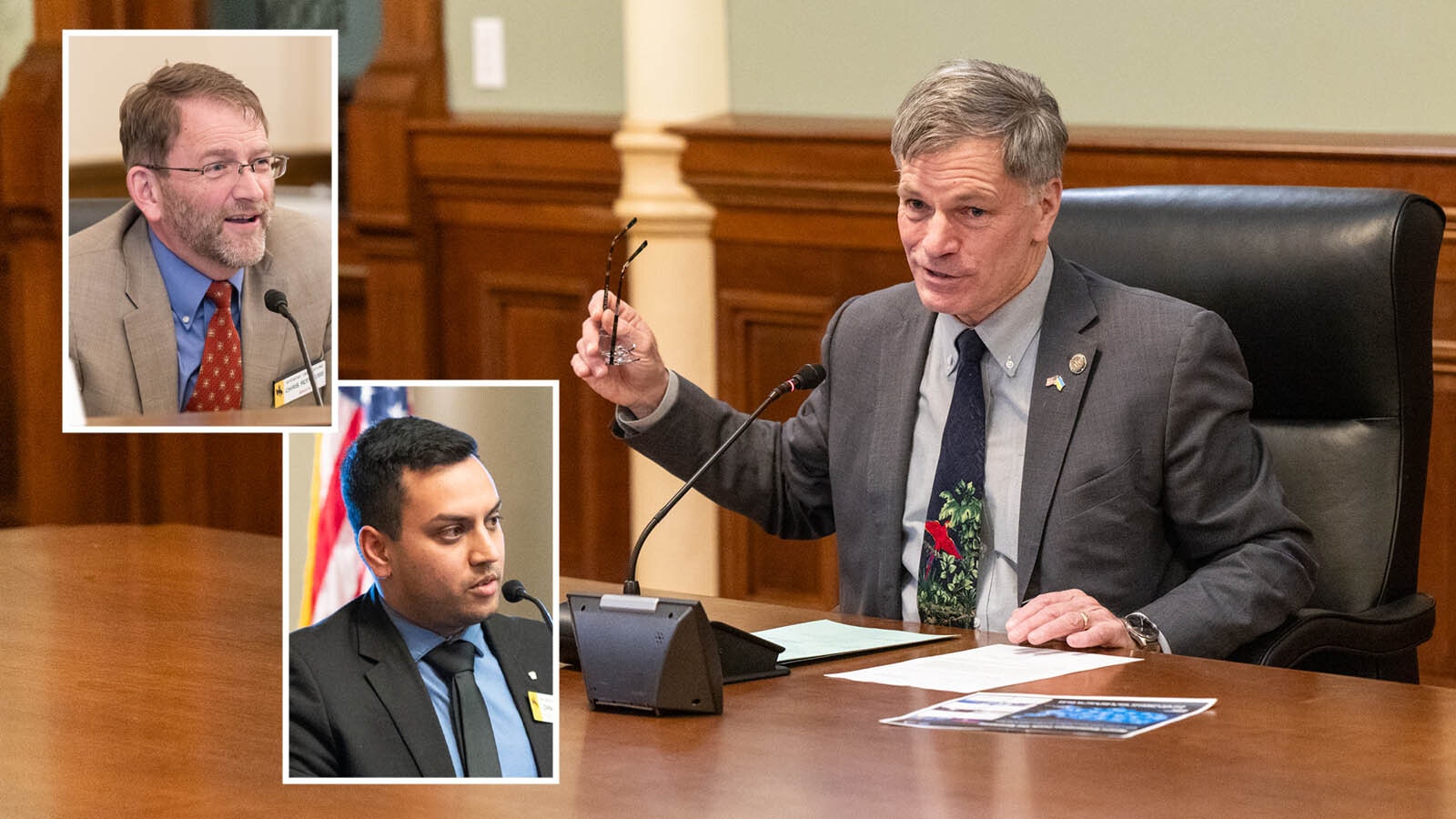 State Sen. Chris Rothfuss, D-Laramie, from left, Rep. Daniel Singh, R-Cheyenne, and Gov. Mark Gordon.
