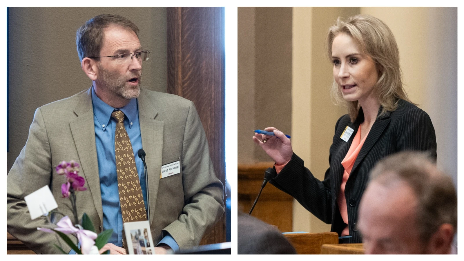 Wyoming state Sens. Chris Rothfuss, D-Laramie, left, and Tara Netherott, R-Cheyenne.