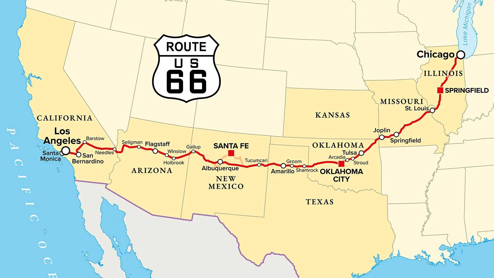 Historic U.S. Route 66 stretches from Chicago, Illinois, to Santa Monica, California.