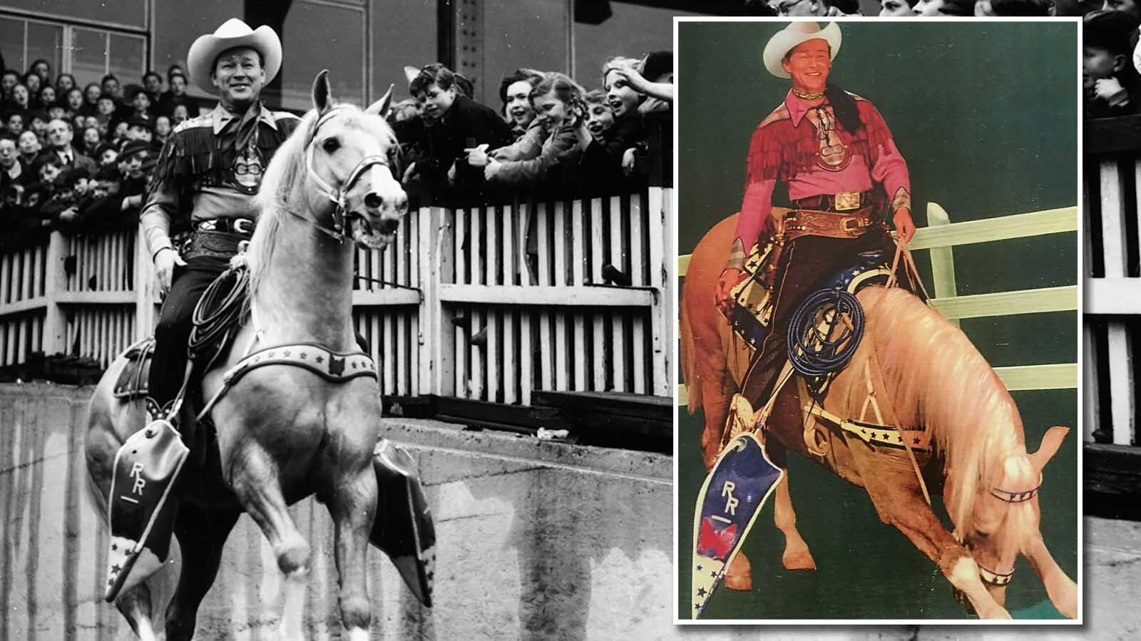 Actor Roy Rogers, the 'King of Cowboys', riding his horse Trigger in front of a group of school children at Harringay Stadium, London, March 20 1954. He's on his favorite of his own brand of plastic saddles.