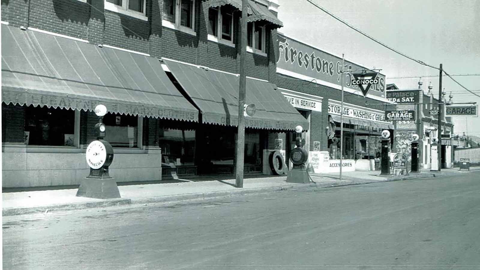The Carey Building (the bank building he bought after the bank went broke) and his garage on north 6th Street right next to the former bank circa 1930.