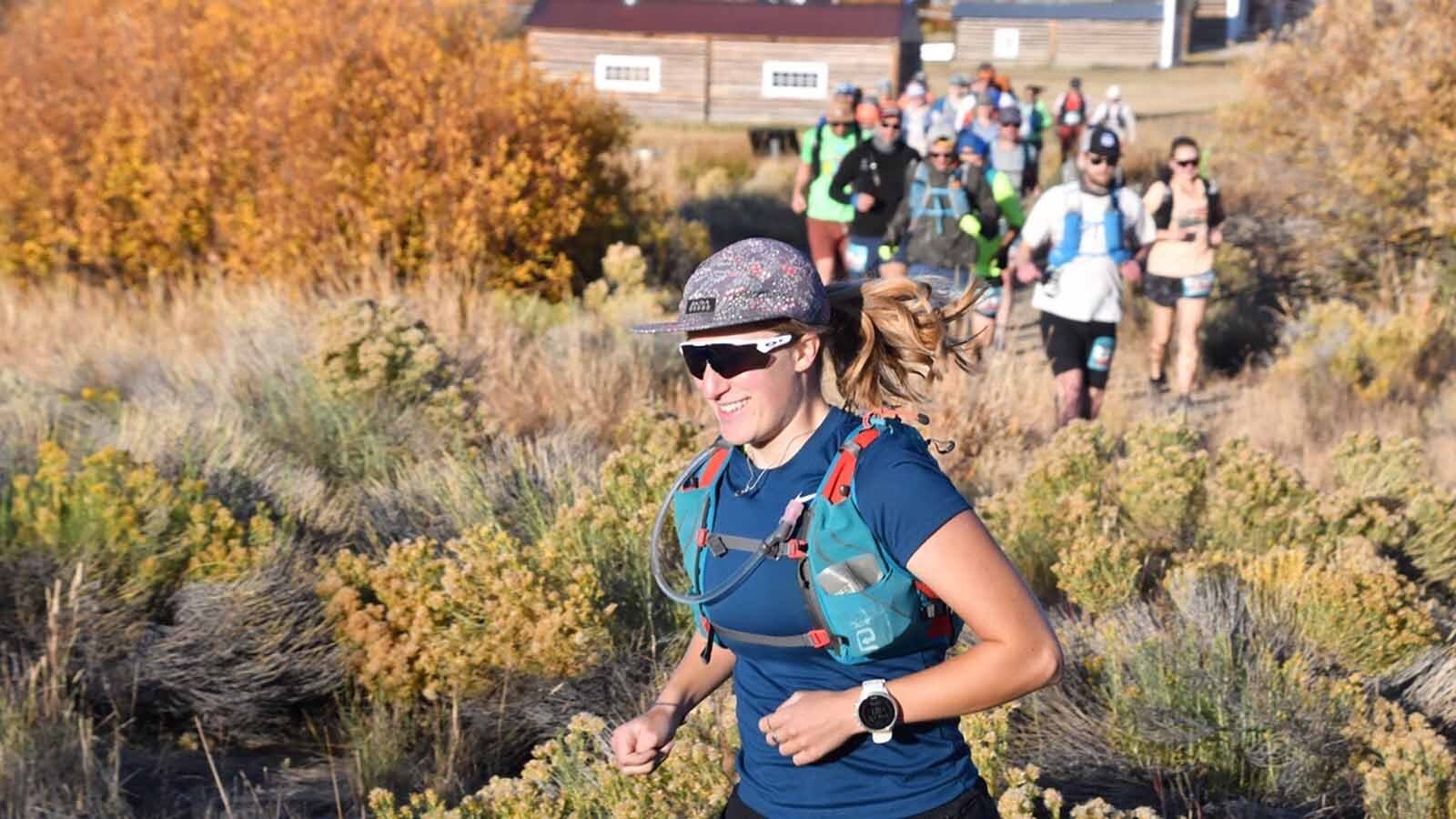 Lander resident Agnes Macy leads the pack at the start of the 50K at last year's Run the Red Desert.