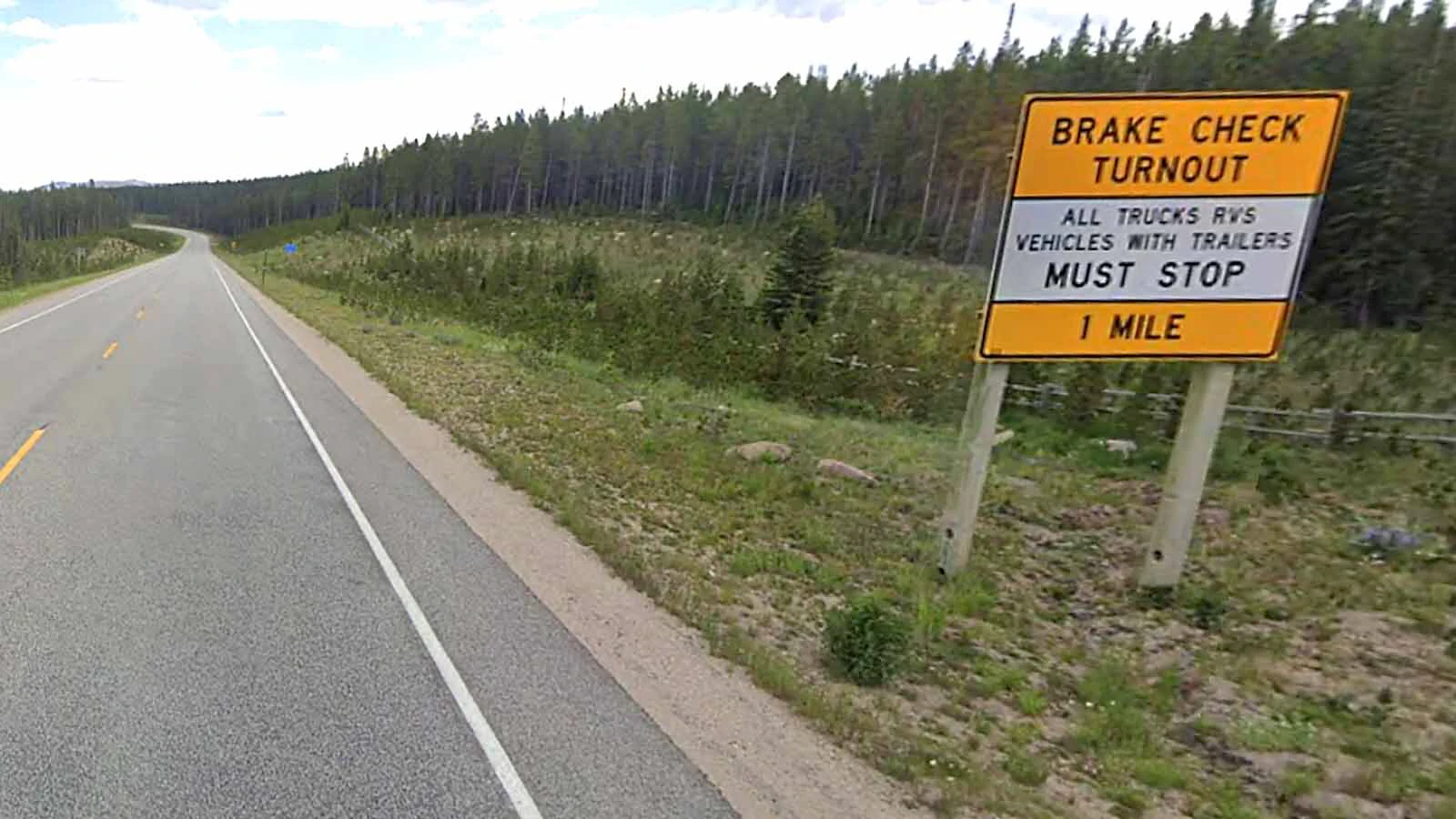 A sign warning of a brake checkpoint on Teton Pass in northwest Wyoming.