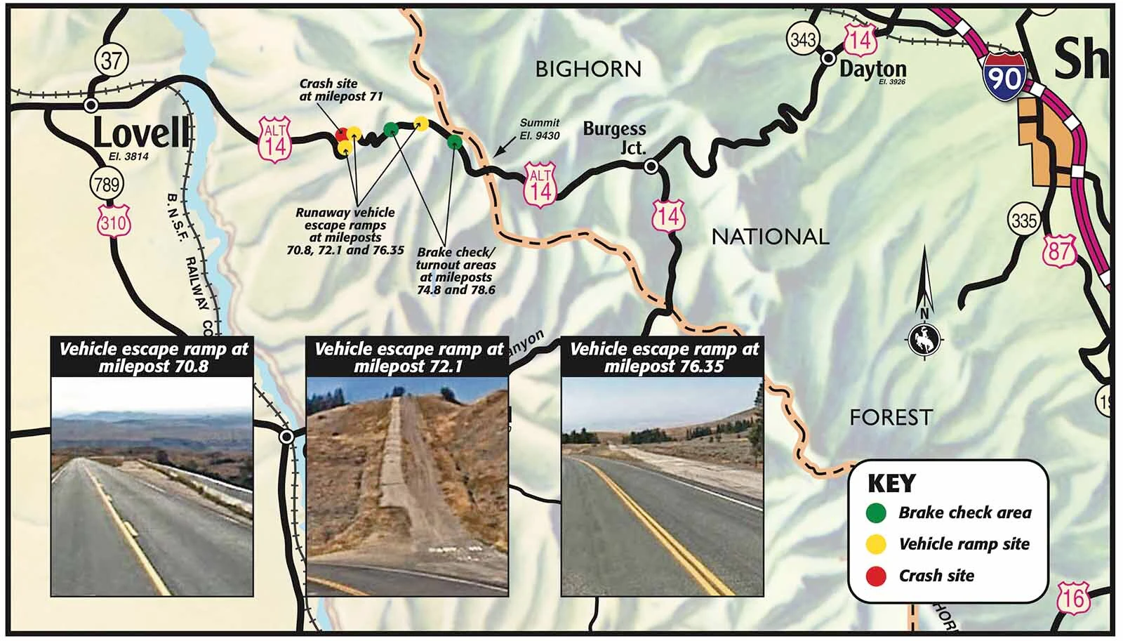 A map showing where some of the runaway truck safety measures are along U.S. Highway 14A between Lovell and Burgess Junction.