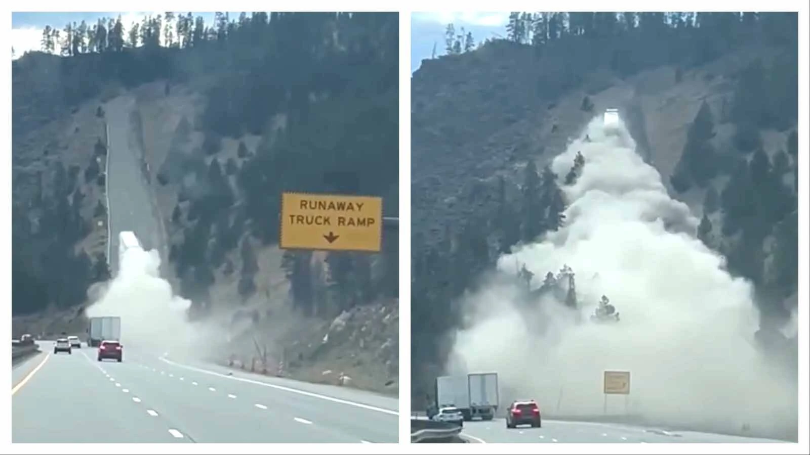 A dramatic dash cam video of a semitrailer using a runaway truck ramp on westbound I-70 in Colorado last month.