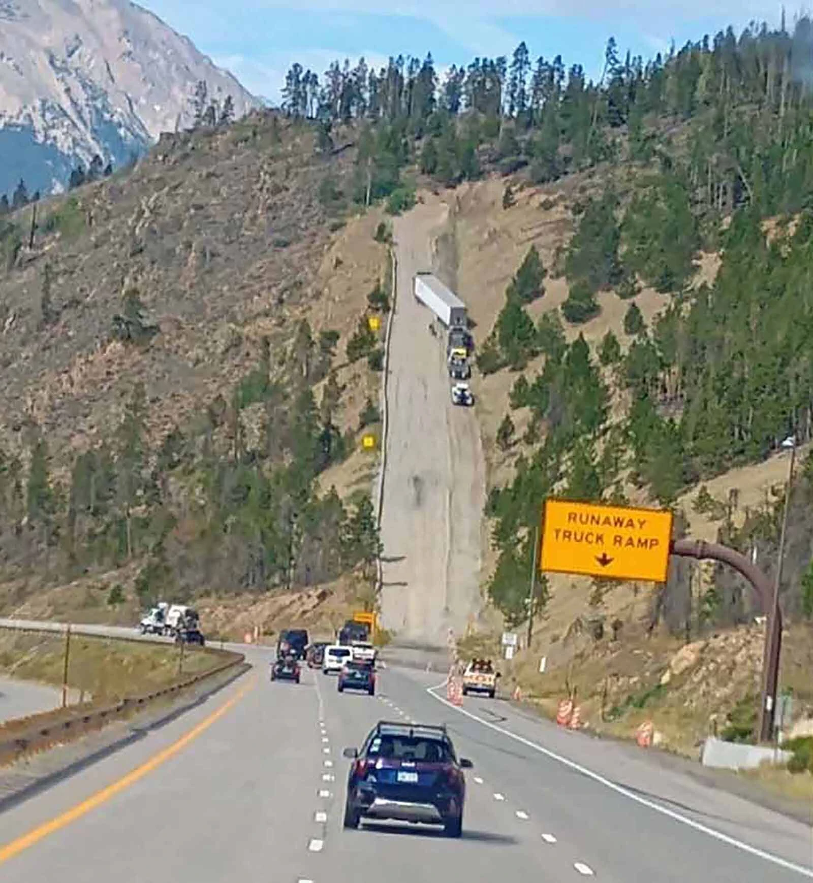 An out-of-control semitrailer sits near the top of this runaway truck ramp in Colorado after using the ramp to stop.
