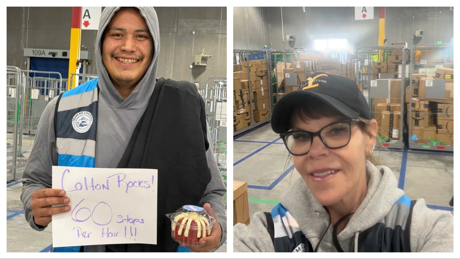 Colton, left, drives into work from Hardin every day. He set a record with 60 stops in one hour. Right, Erin Tiedeman at the Righteous Routes Logistics wharehouse where Amazon pacakges arrive daily for delivery in rural Monana and Wyoming.