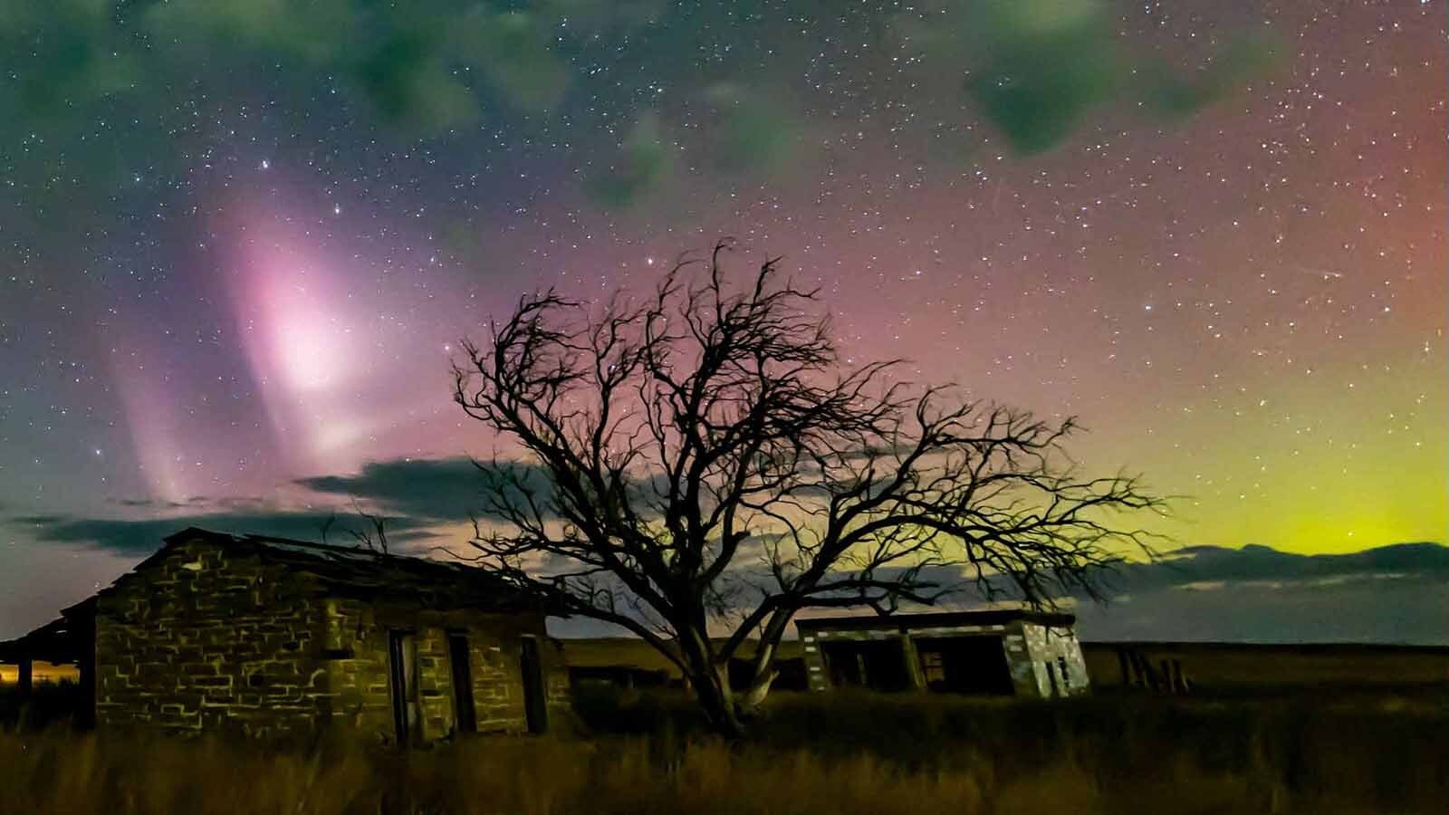 A STEVE streaking over Wyoming on Sept. 18, 2023. STEVEs are rare and usually appear blindingly white to the naked eye, but the super-heated plasma that makes the short-lived ribbons can also display many other colors.