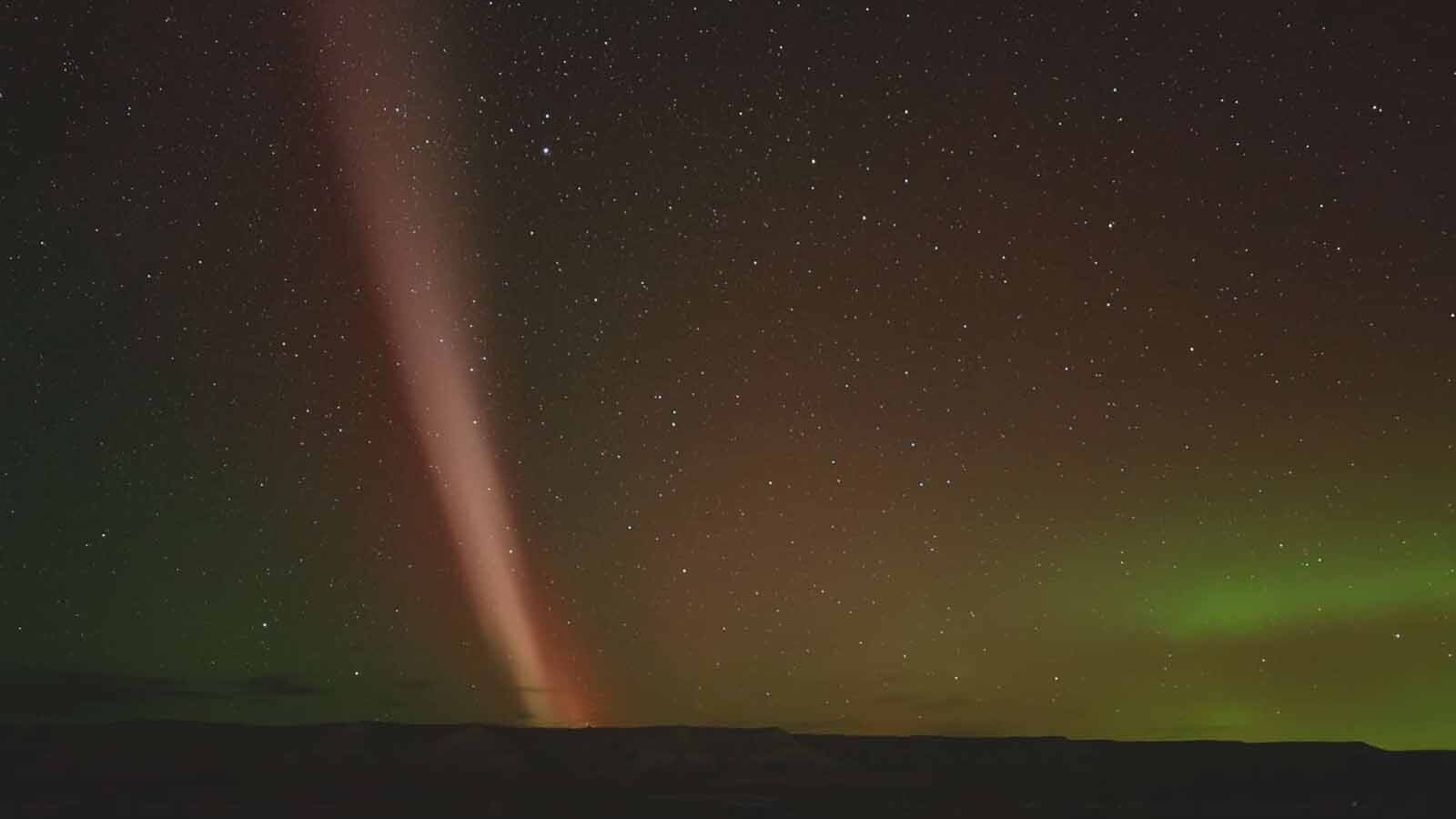 Tuesday morning's STEVE as seen from Powell. There was an intense aurora across the Northern Hemisphere overnight, but the STEVE wasn't visible everywhere there was an aurora, as they're different phenomena that occur together for reasons science hasn't yet discovered.