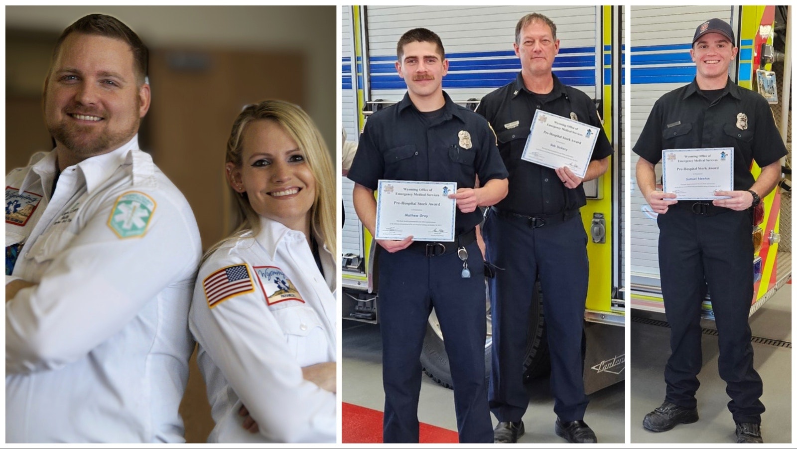 Left, EMT Duane Barker and Paramedic Lisa Gunyan were awarded the Stork Award after a recent field delivery in Gillette. Center and right, Campbell County Fire Department Engineer Matthew Gray, from left, Capt. Rob Dickey and firefighter Sam Newton. All were recently awarded STORK Awards after assisting in the field delivery of a newborn child.
