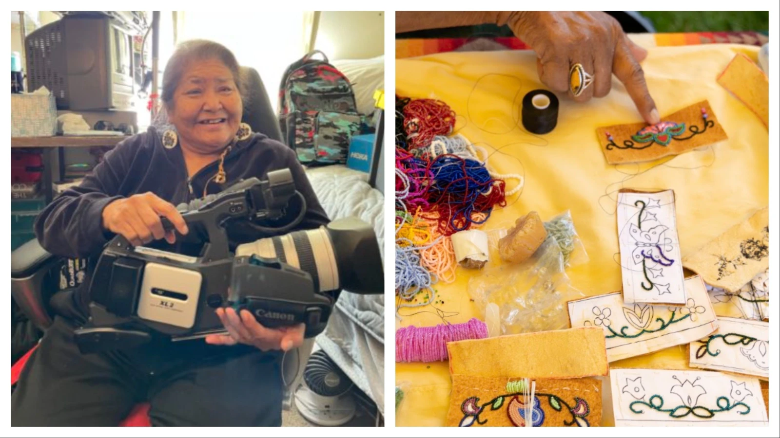 Right, over the past 20 years, Reba Teran has recorded 20,291 Shoshone words in her work to preserve her native language and customs. Left, Teran demonstrates her beadwork at the Wyoming Folklife Festival, organized by the Wyoming Arts Council in Cheyenne on July 4th, 2026.