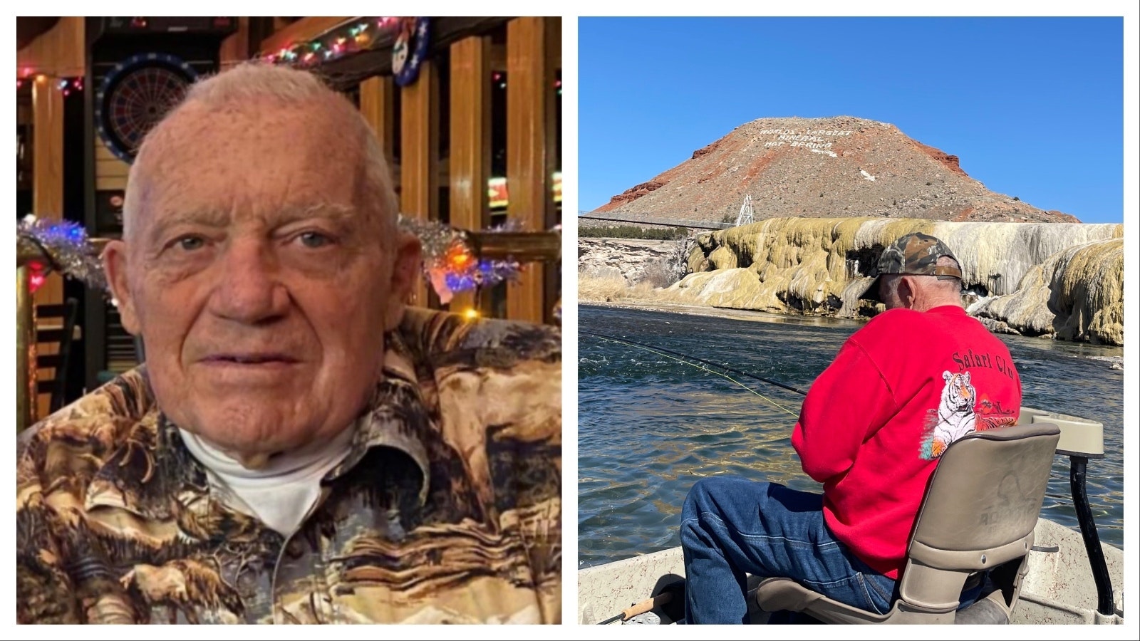 Left, Jim Mills at the Safari Club shortly before his death in 2022. Right, Jim Mills’ last fishing trip in Thermopolis. This is a favorite picture courtesy of his family.