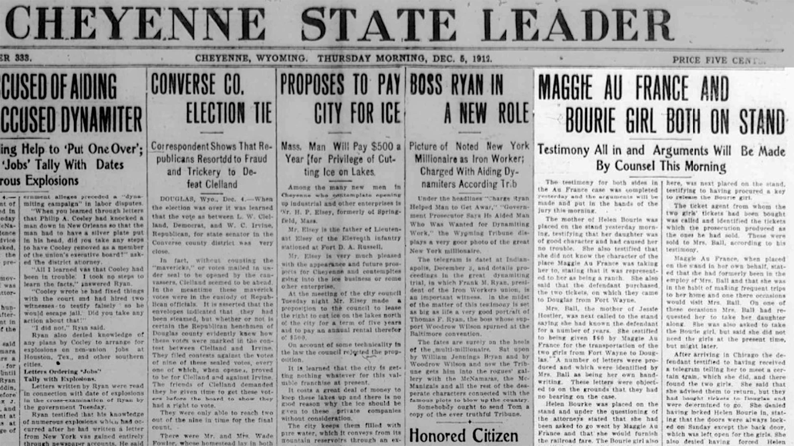The Cheyenne State Leader on Sept. 7, 1913, reported the marriage of Maggie AuFrance to Ben Wheelock.