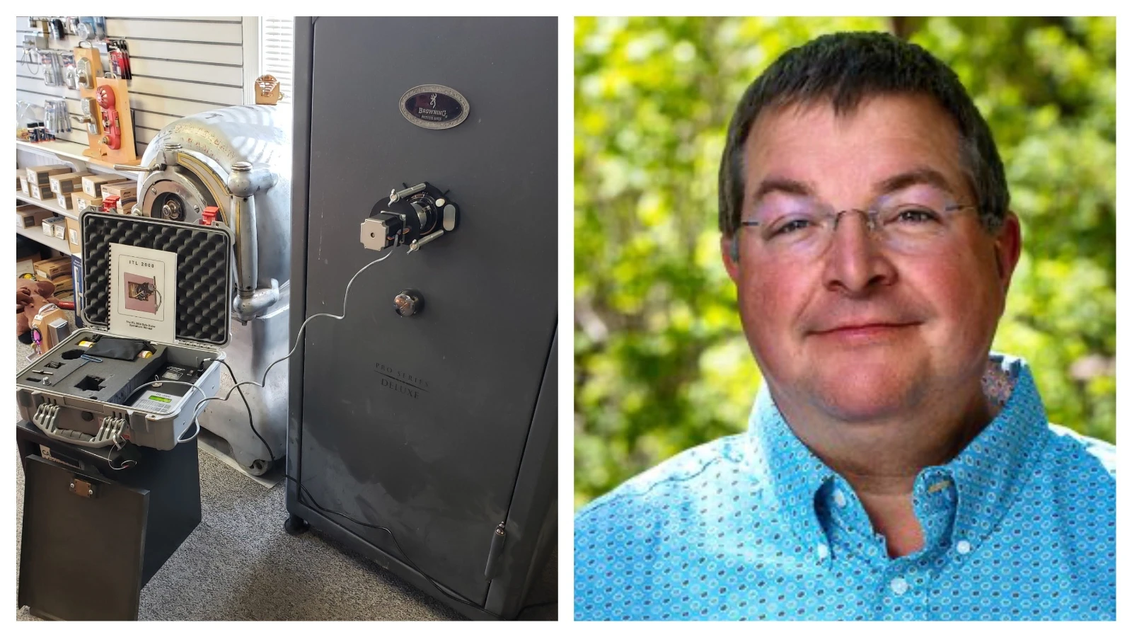 Thad Hoff has an auto dialer set up on a gun safe in his Laramie office. The round gray safe next to it is an anti-dynamite cannon ball safe. The cannon ball safe purchased by the First State Bank of Laramie and delivered in 1908 had to be opened by manipulation.