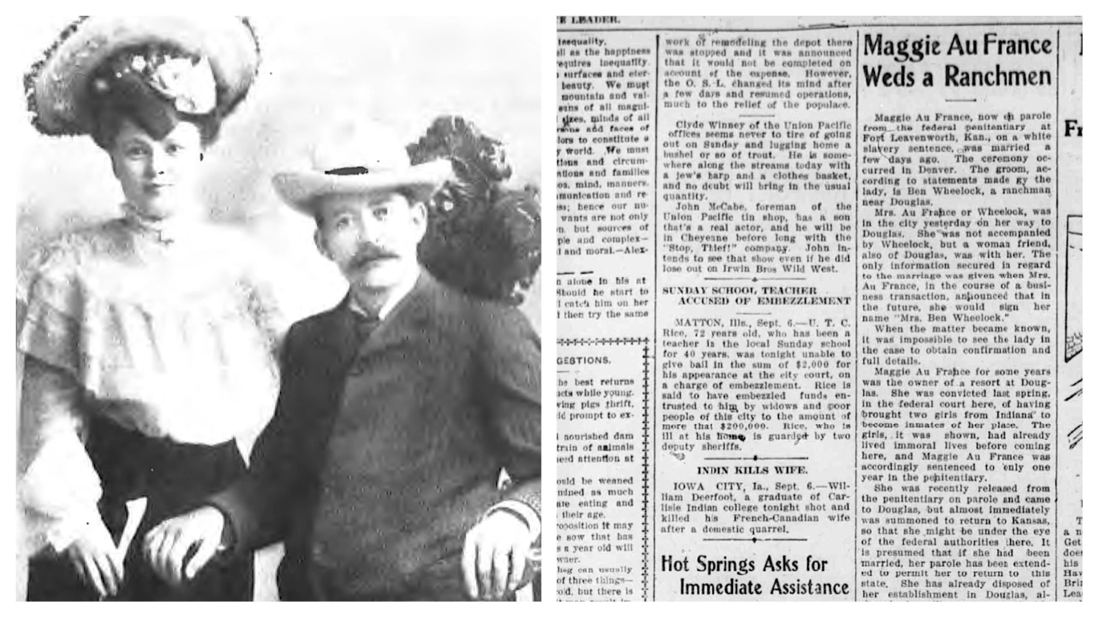 Maggie and Ben Wheelock were married in 1913, the same year she was released from federal prison. AuFrance’s trial on federal Mann Act charges was reported by the Cheyenne State Leader on Dec. 5, 1912. 