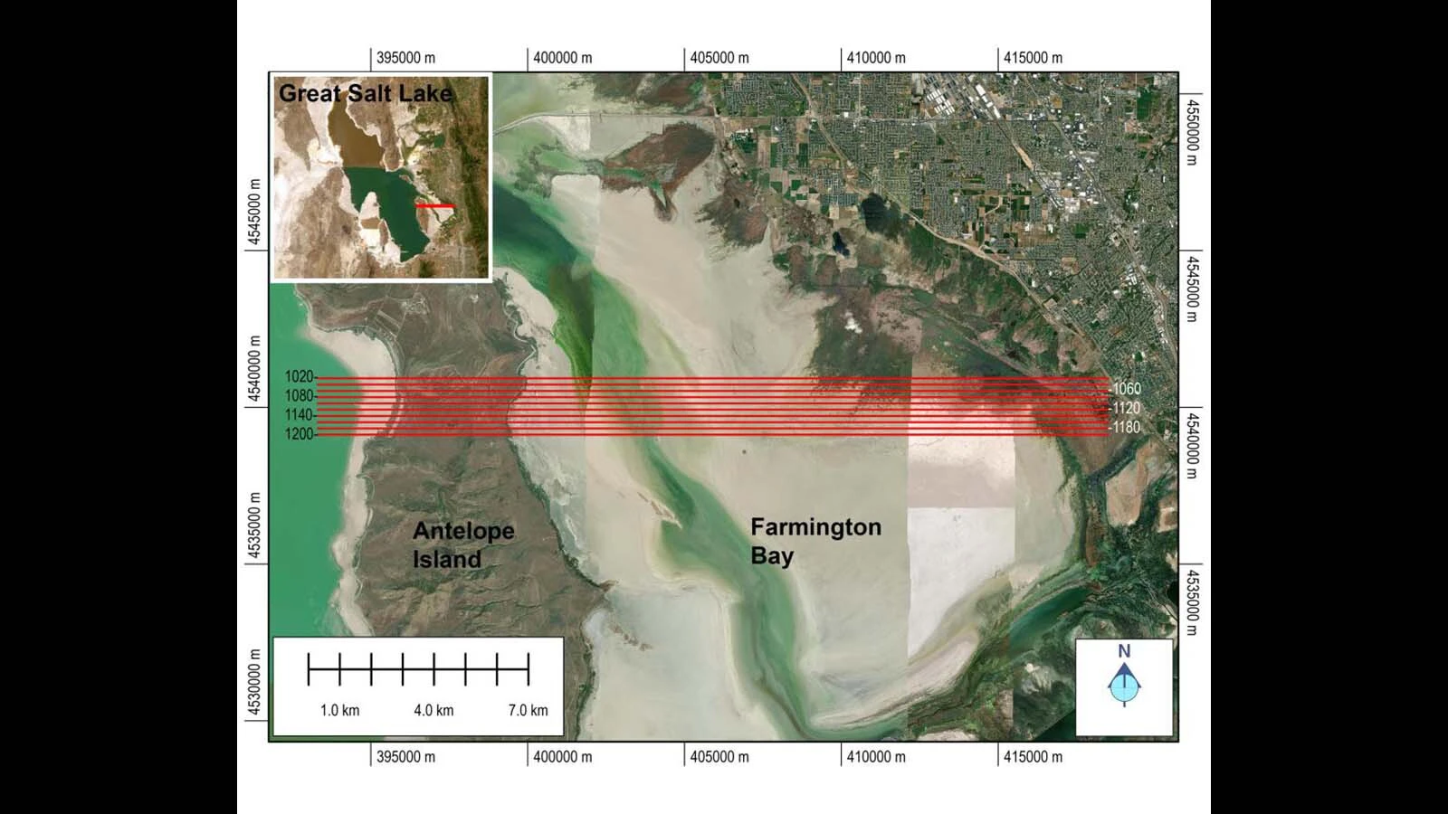 Map of the airborne survey area overlaid on the ESRI World Imagery basemap. Flight-line locations are shown in red and cross Antelope Island and Farmington Bay. The survey footprint is also indicated by a solid red outline on the inset map of the Great Salt Lake in the upper-left corner.