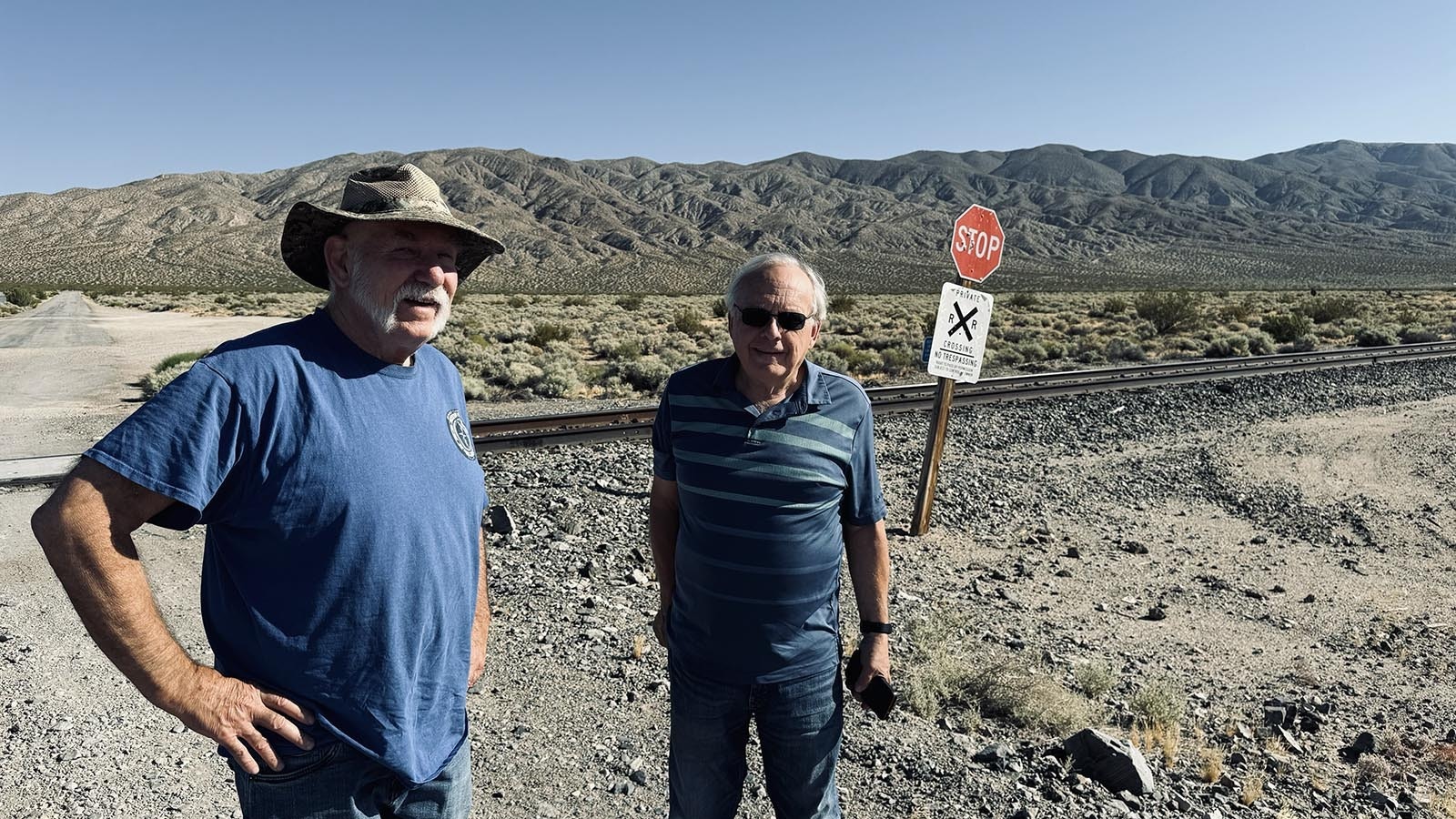 On left, Gregg Wilkerson and Larry Vredenburgh, geologists who have retired from the Bureau of Land Management, have written extensively on Saltdale and mining operations in the reigon. They were surprised to find out Dyno Nobel was storing ammonium nitrate in hopper cars in the Mojave Desert instead of a salt mining extraction operation that may have restarted.