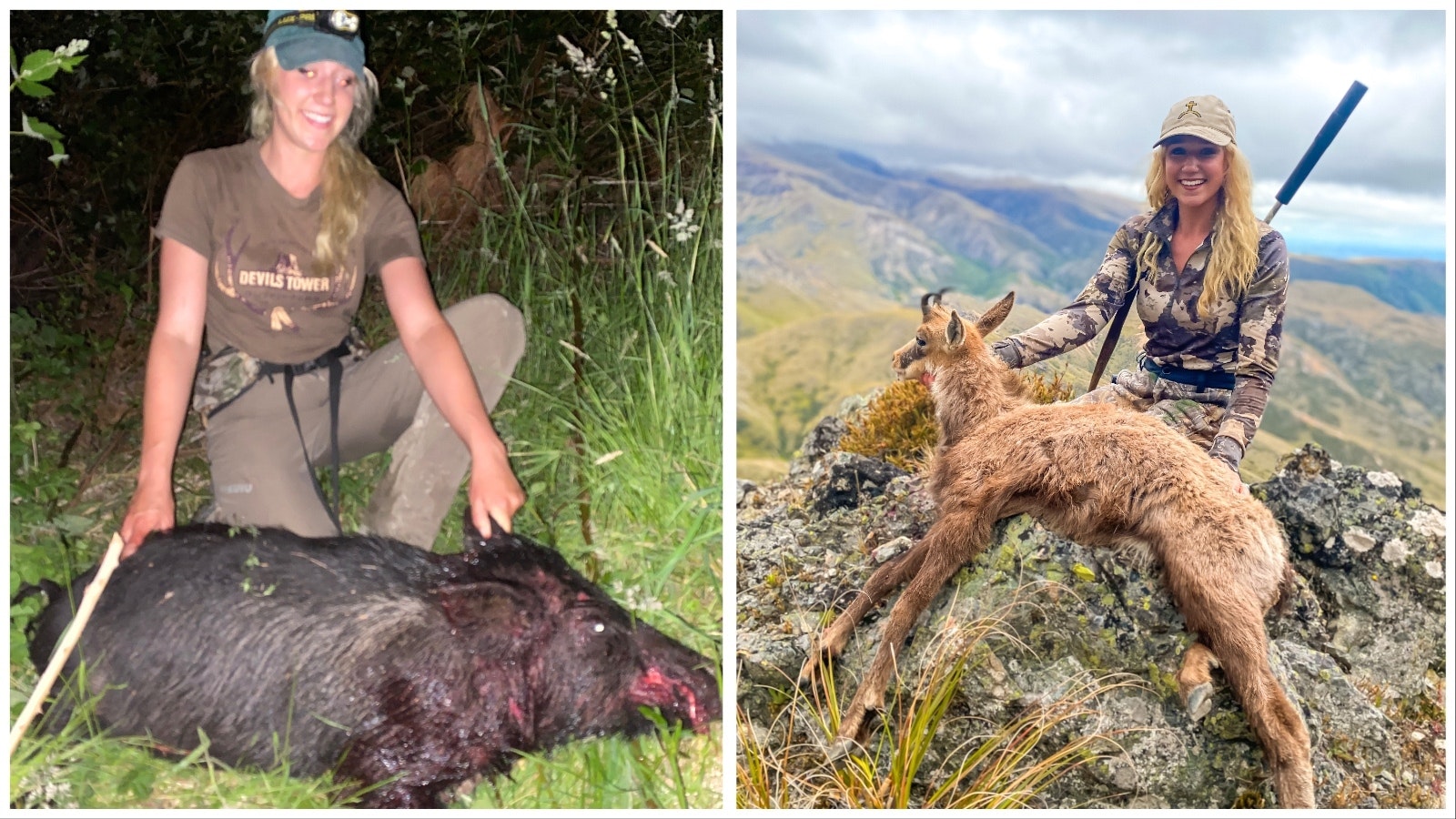 Samantha Strable of Pindedale killed this pig with a knife in New Zealand, where hunting feral swine with knives is a common practice. While in New Zealand, she also hunted chamois, a species of goat, right.