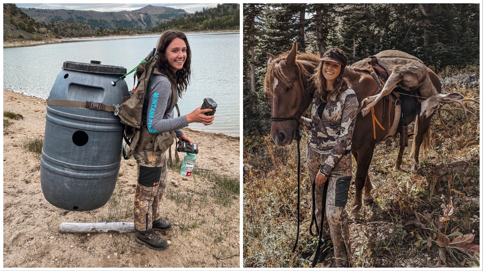 Samantha Strable, formerly of Pinedale, put out a call on social media, asking Sublette County residents if they could spare meat for her bear bait barrel, left. When she’s not hunting abroad, Strable said she enjoys Wyoming outings for species such as mule deer.