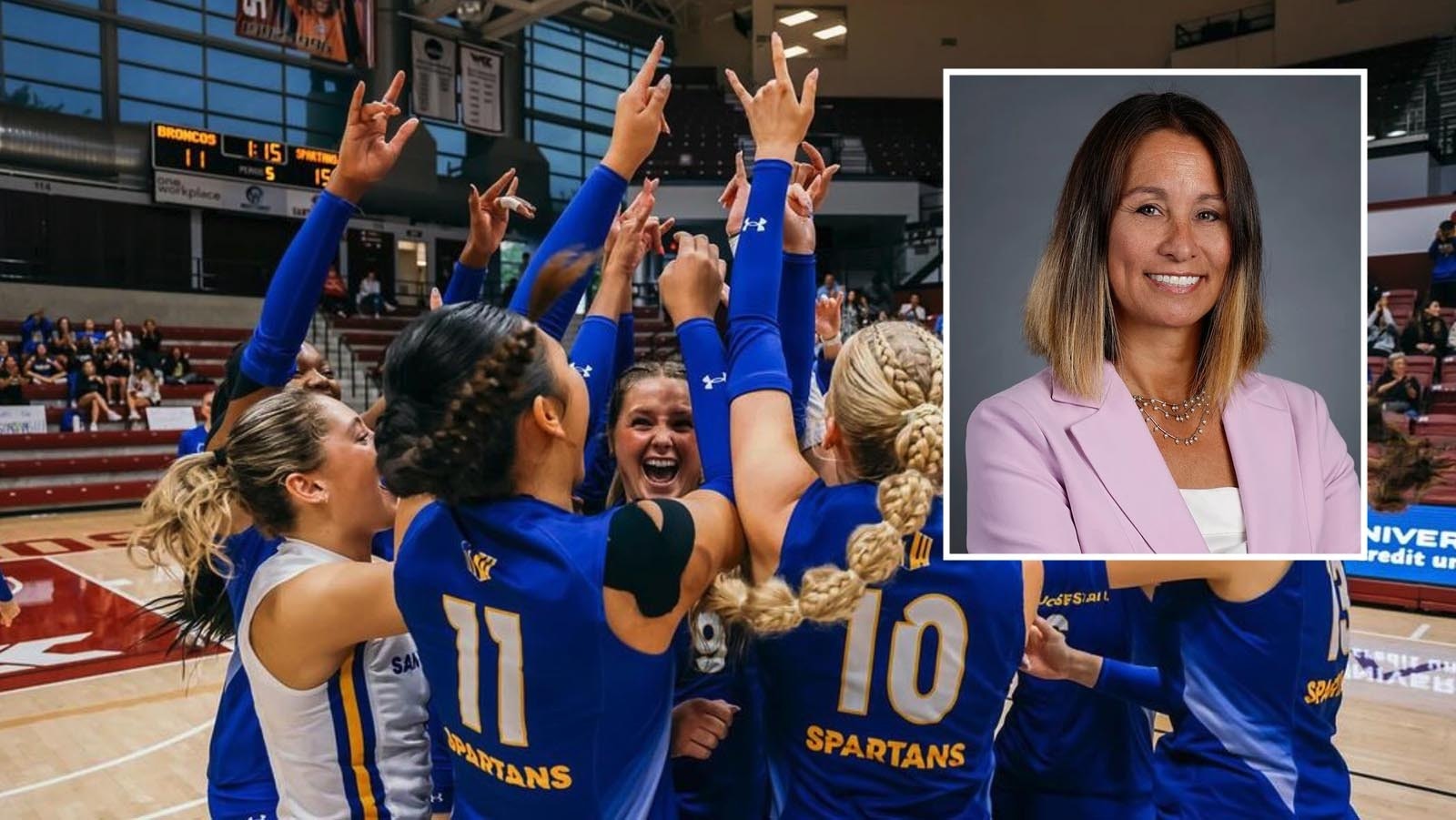 The Mountain West Conference and its commissioner, Gloria Nevarez, inset, are among those being sued by a dozen conference volleyball players over a transgender player allowed to compete on the San Jose State University team.