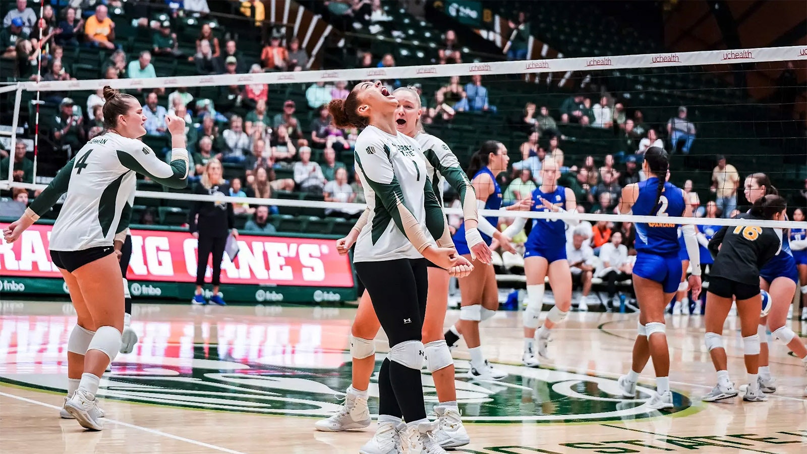 Colorado State University celebrates during a three-set sweep of previously undefeated San Jose State University on Thursday, Oct. 3, 2024, at Moby Gym in Fort Collins, Colorado.