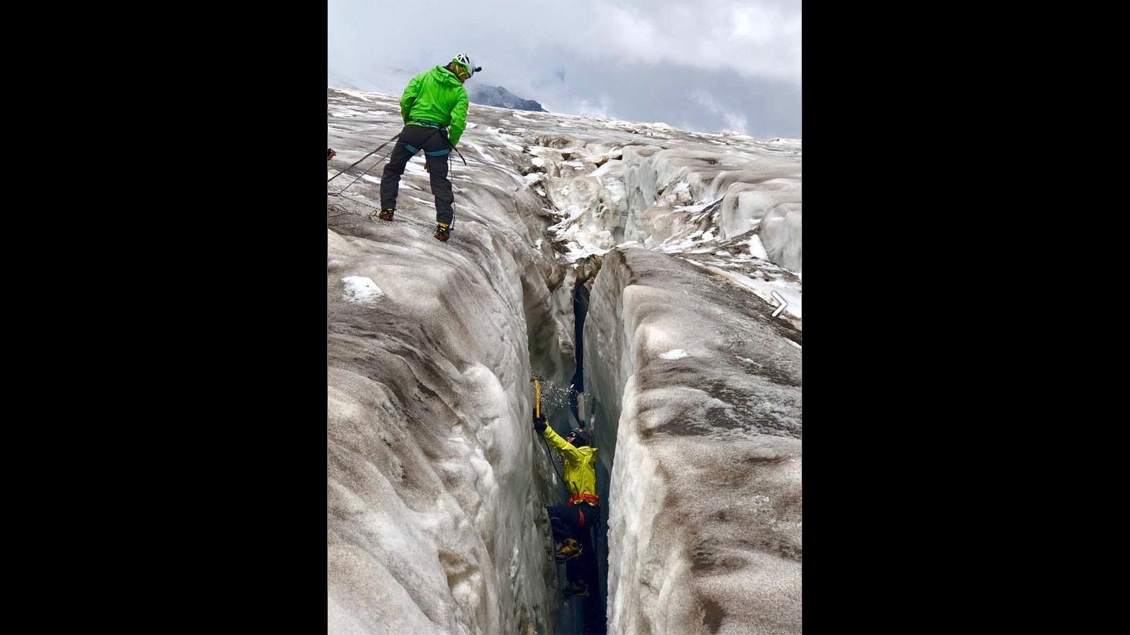 Navigating crevasses in Russia before climbing Mount Elbrus.