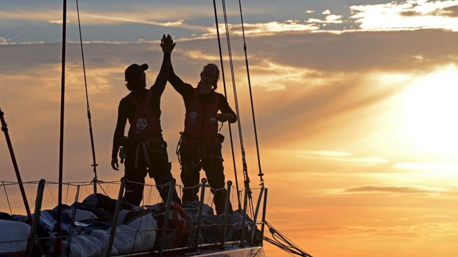 Sara Hastreiter's first World Record crossing the finish line in the Round Britain and Ireland Race with Team SCA.