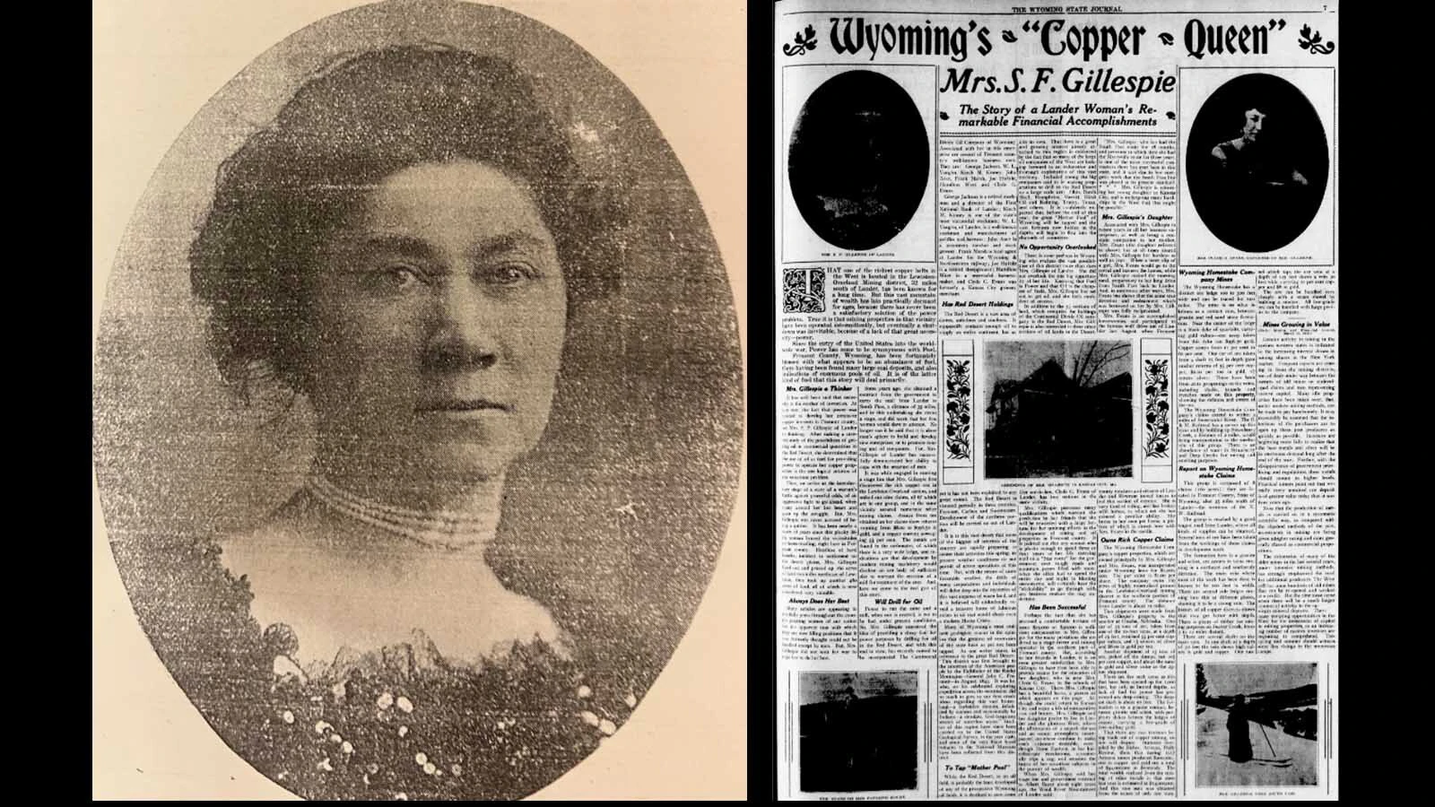 Left, 1918 Portrait of Sarah Gillespie. Right, a 1918 newspaper article about the Copper Queen, whose fortunes at that time were estimated in the range of $30,000.