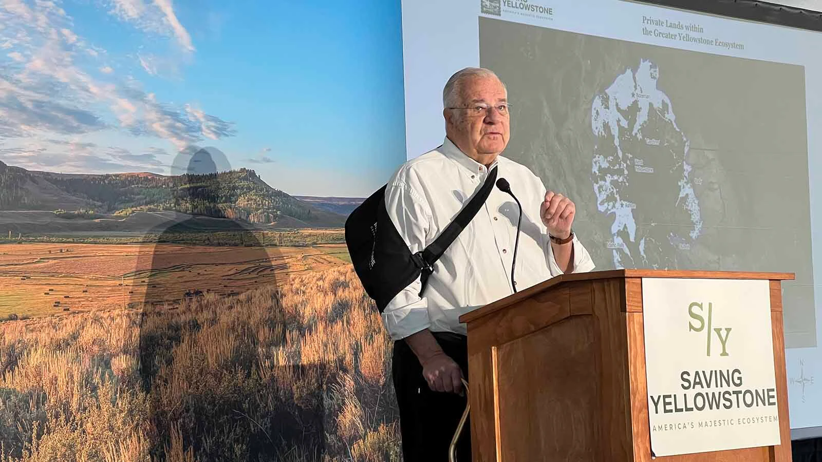 Joe Ricketts speaks Wednesday at the Saving Yellowstone summit at the Jackson Fork Ranch near Bondurant.