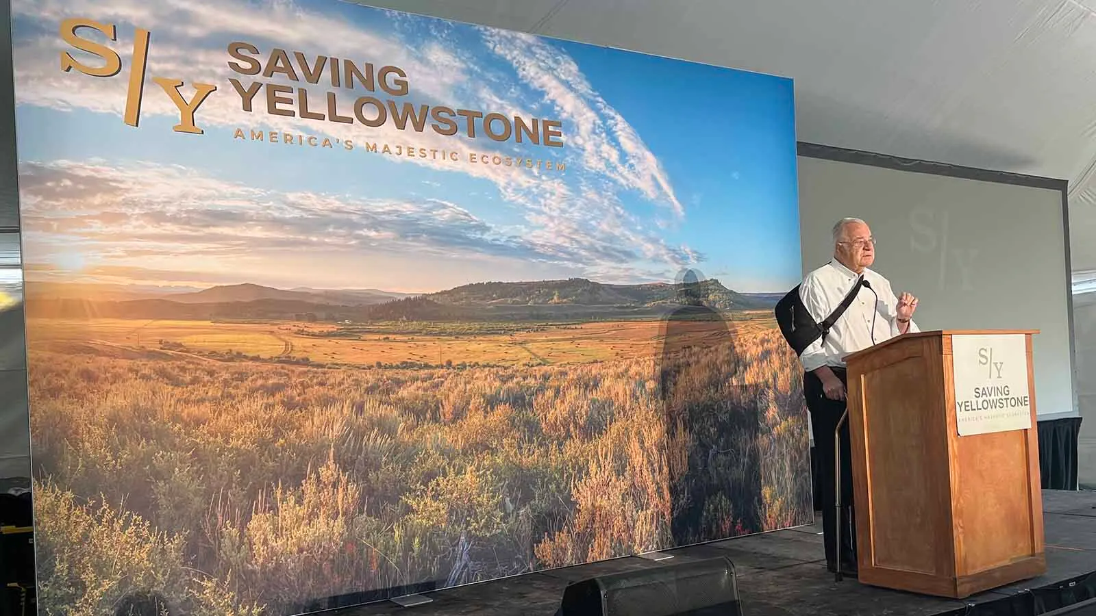 Joe Ricketts speaks Wednesday at the Saving Yellowstone summit at the Jackson Fork Ranch near Bondurant.