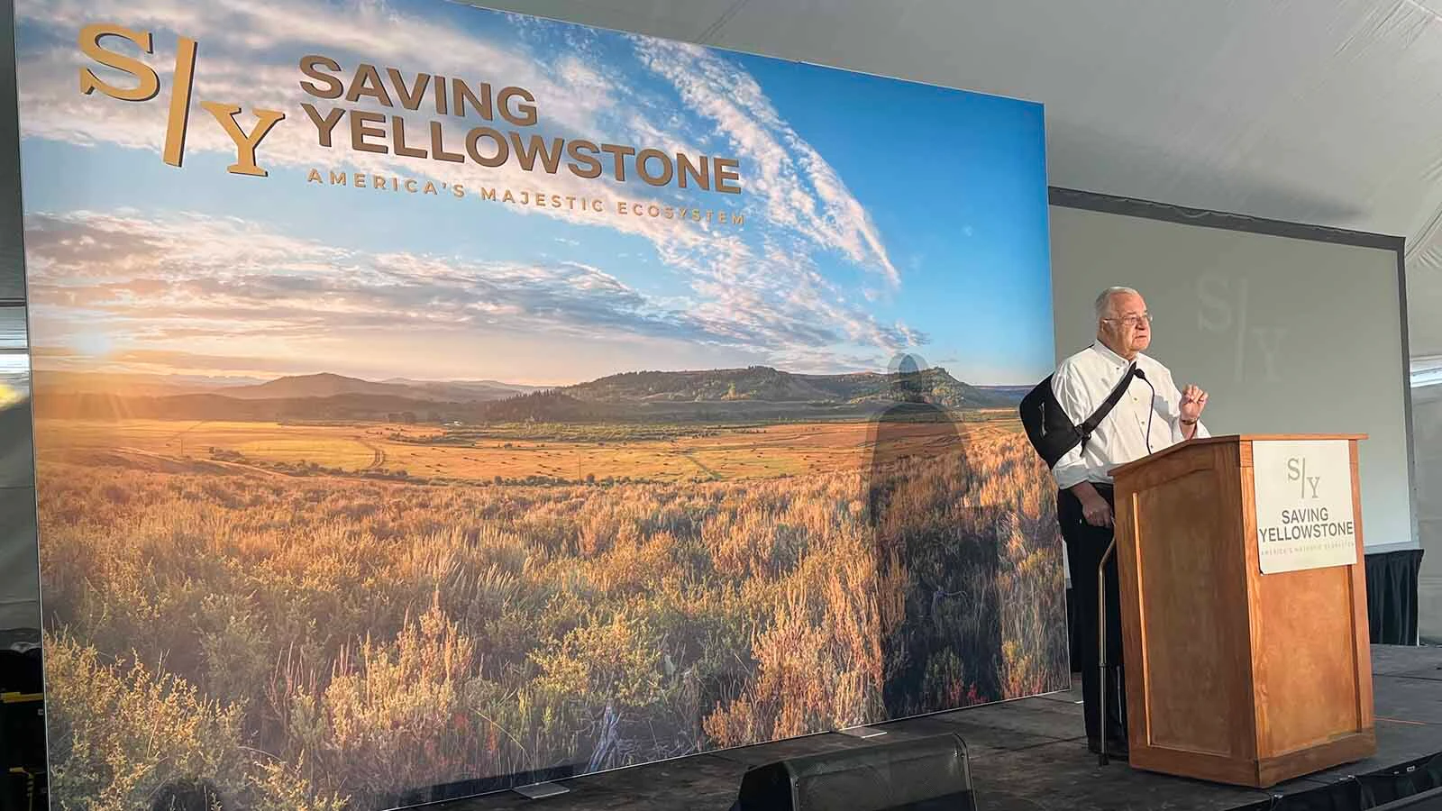 Joe Ricketts speaks Wednesday at the Saving Yellowstone summit at the Jackson Fork Ranch near Bondurant.