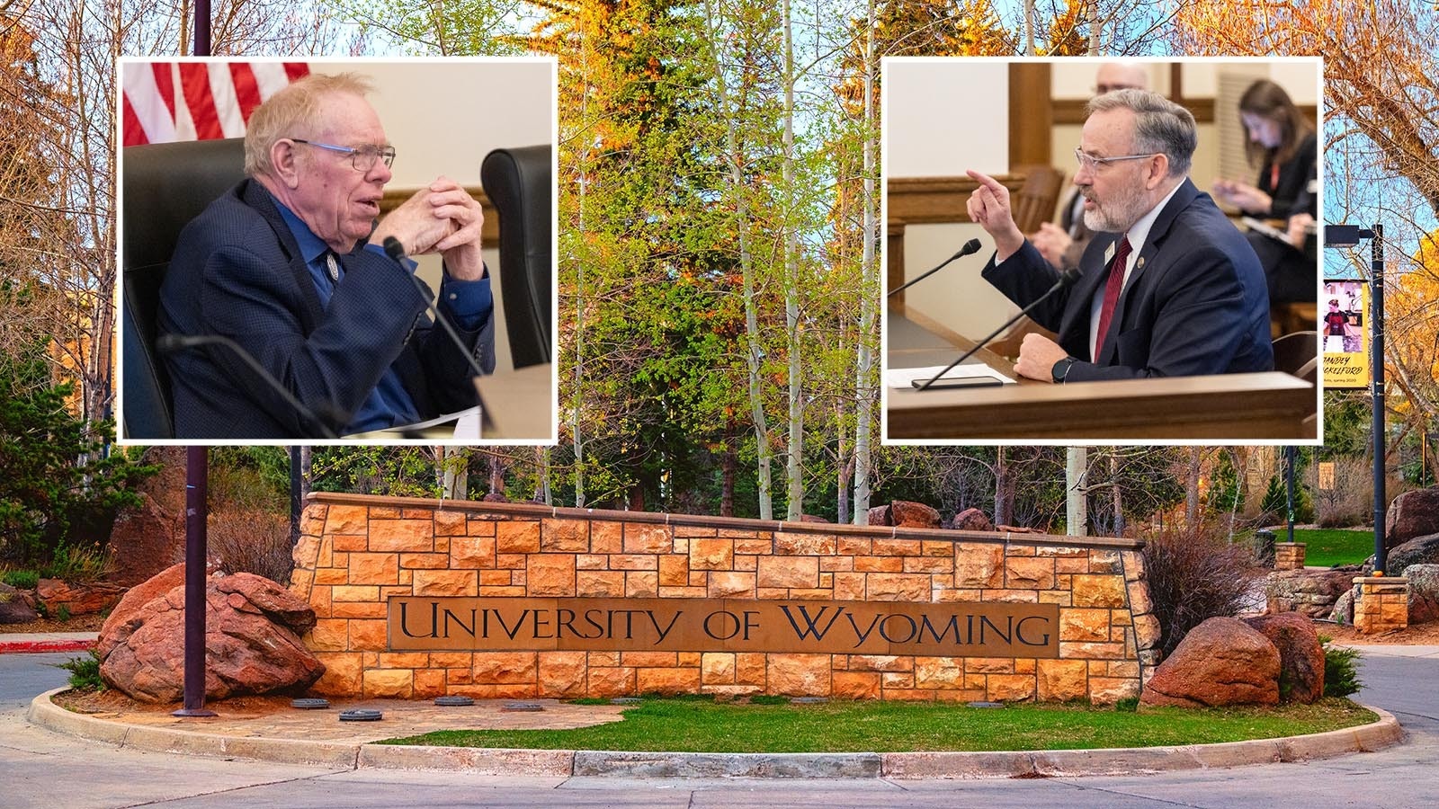 State Sen. Charles Scott, R-Casper, left, and Gov. Mark Gordon's chief of staff, Drew Perkins, discuss a plan Monday, Feb. 24, 2025, that would make University of Wyoming board of trustees elected, not appointed.