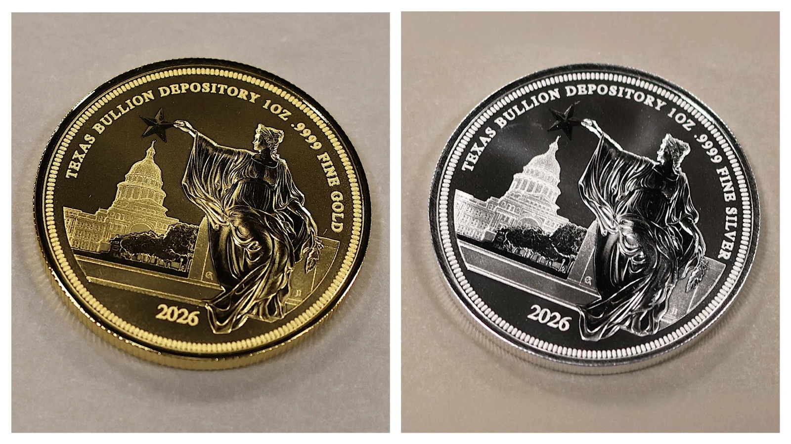 Scottsdale Mint’s initial sample stamp of the Texas 1-ounce gold coin, left, and 1-ounce silver coin.