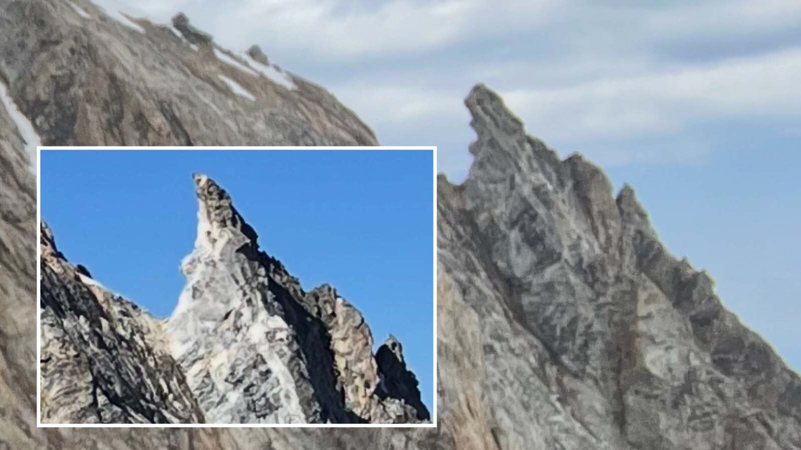 Before (background) and after (inset) views of the Second Tower on Grand Teton shows a dramatic difference after part of if fell off last weekend.